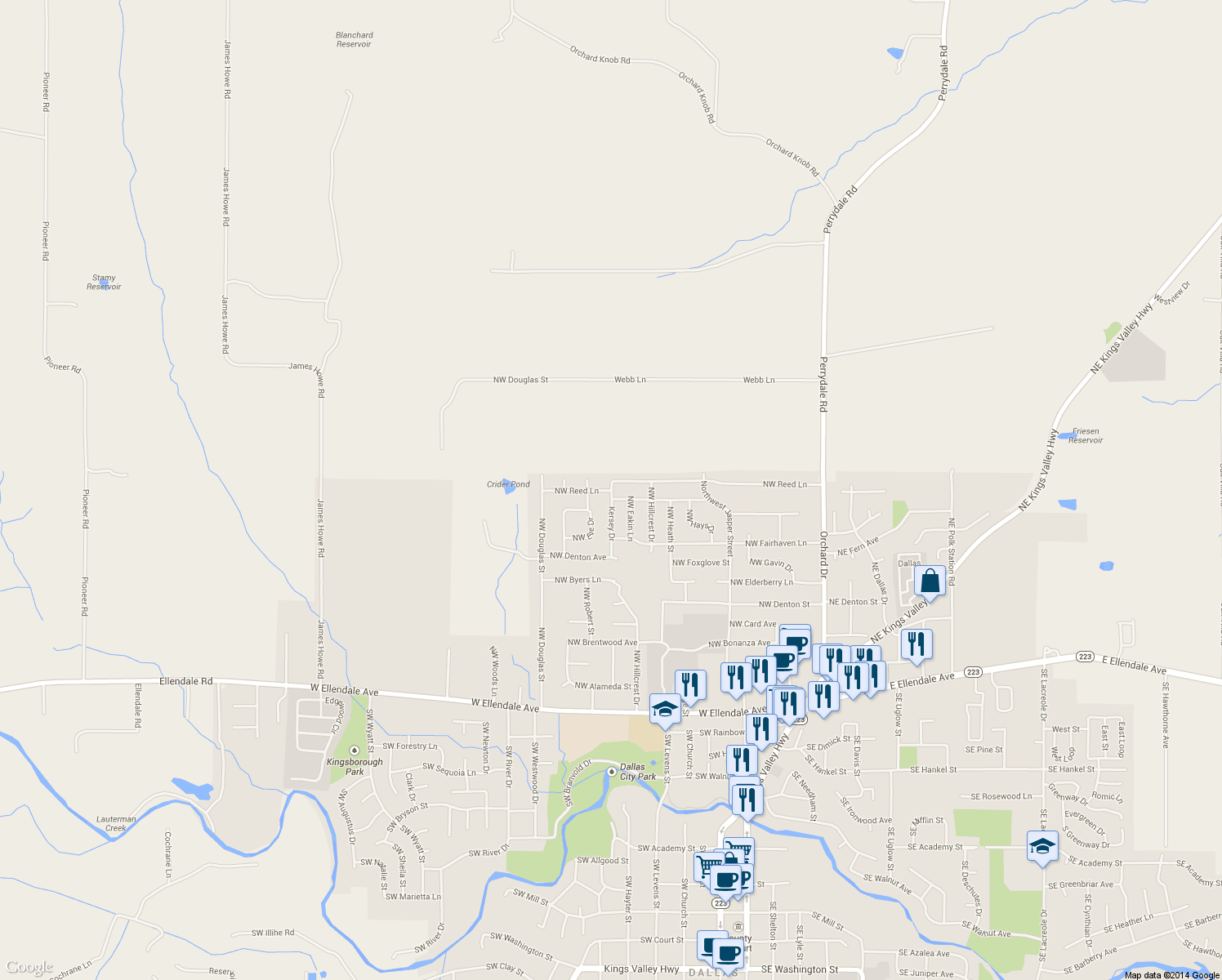 map of restaurants, bars, coffee shops, grocery stores, and more near 490 Northwest Reed Lane in Dallas