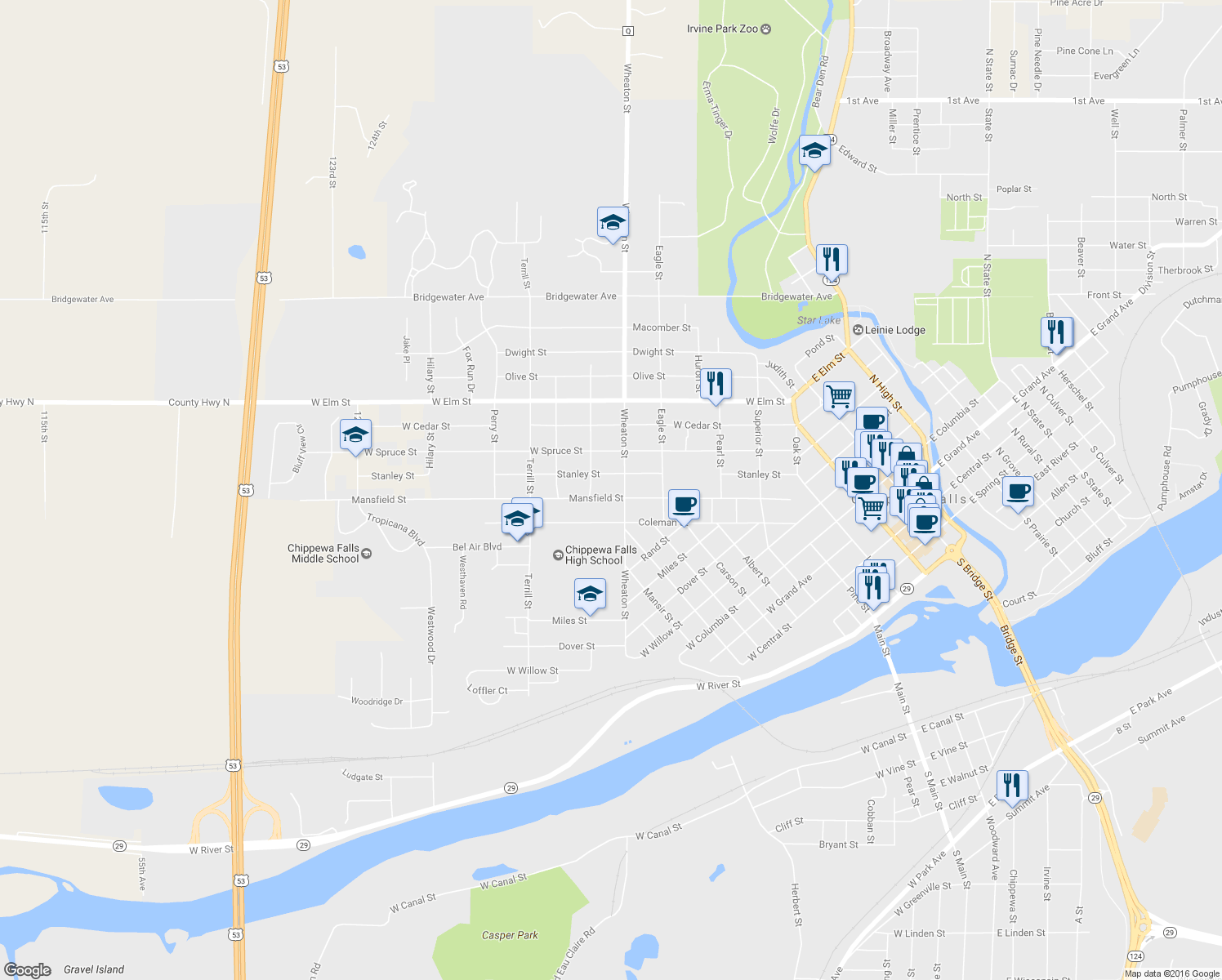 map of restaurants, bars, coffee shops, grocery stores, and more near 812 Mansfield Street in Chippewa Falls