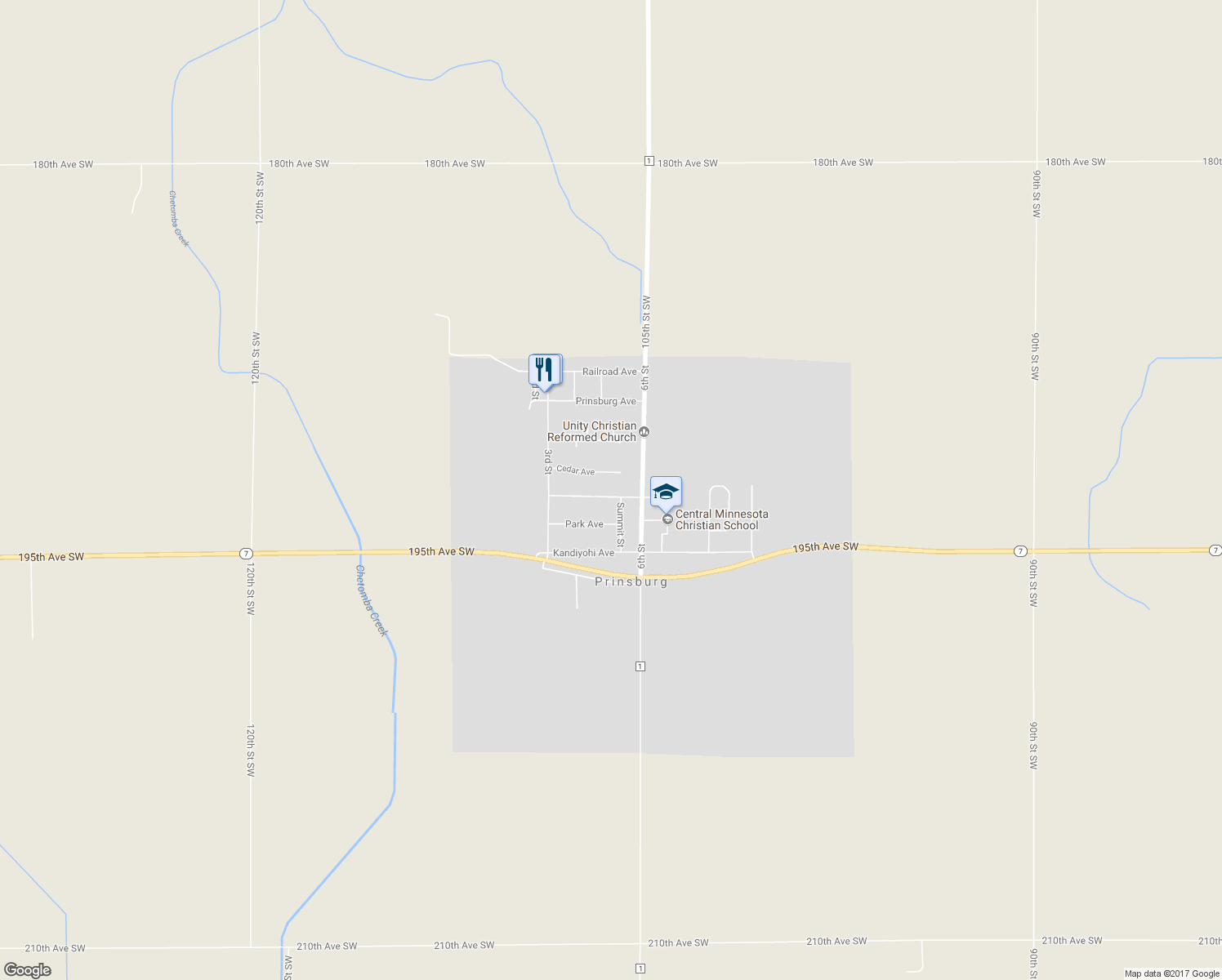 map of restaurants, bars, coffee shops, grocery stores, and more near 505 Minnesota Avenue in Prinsburg