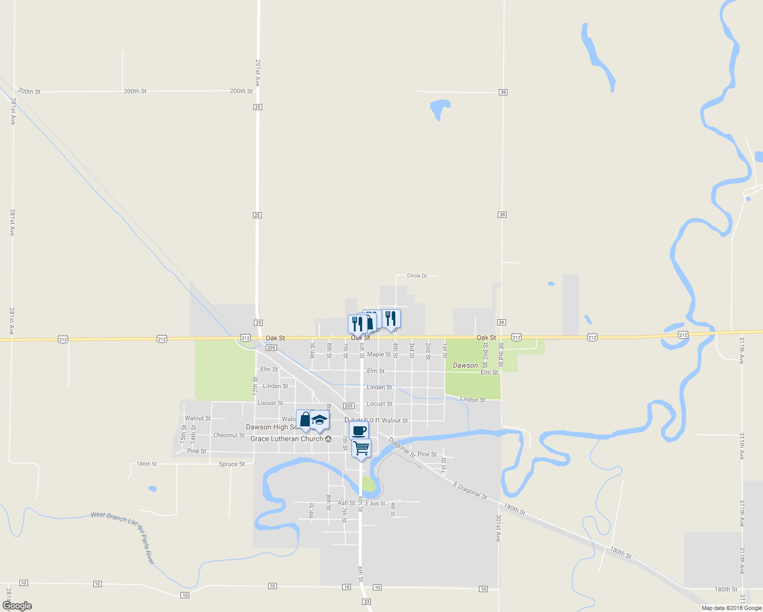 map of restaurants, bars, coffee shops, grocery stores, and more near 482 Viking Street in Dawson