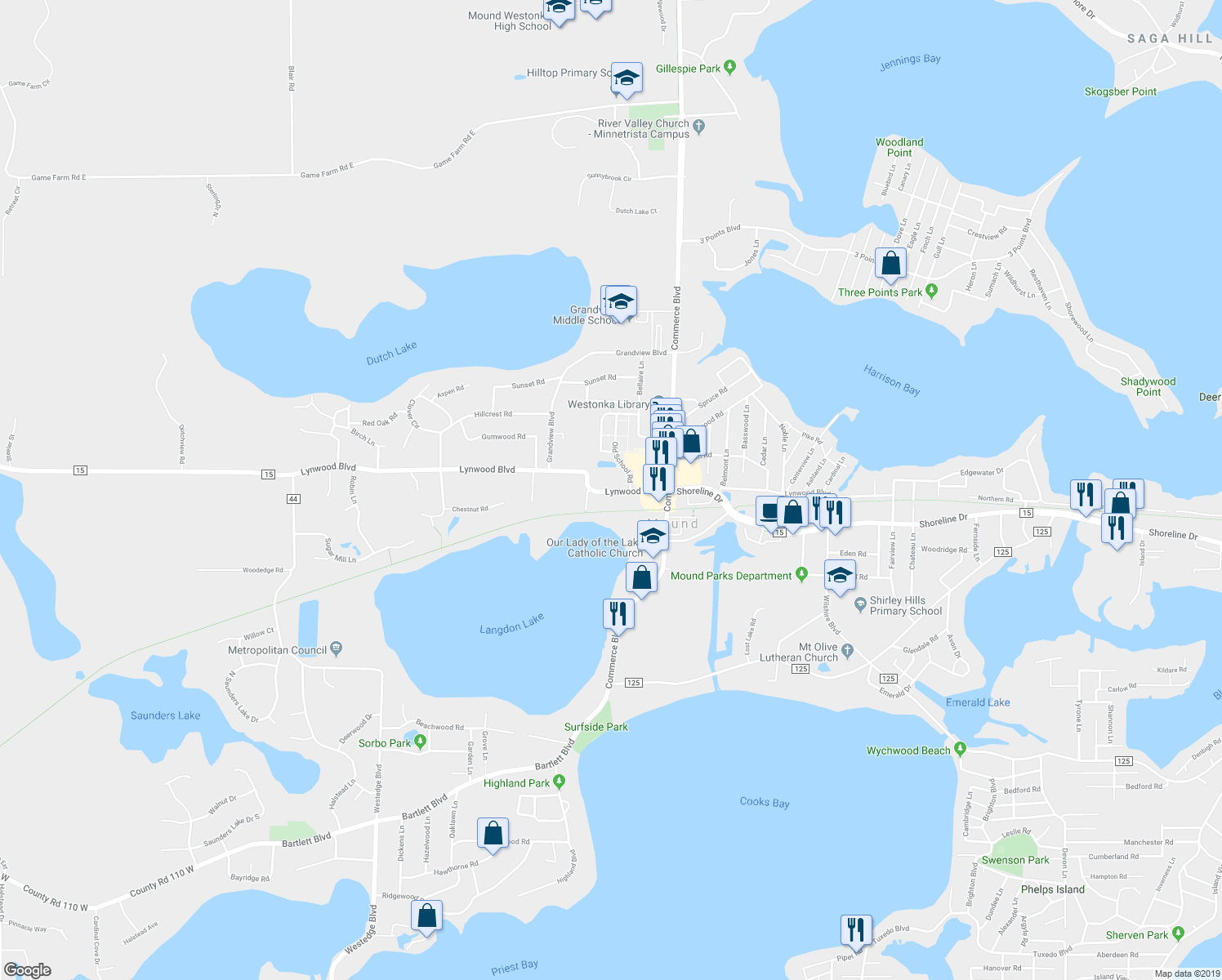 map of restaurants, bars, coffee shops, grocery stores, and more near 5748 Lynwood Boulevard in Mound