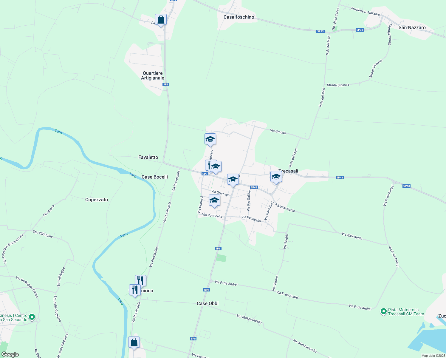 map of restaurants, bars, coffee shops, grocery stores, and more near Strada Provinciale 8 in Trecasali