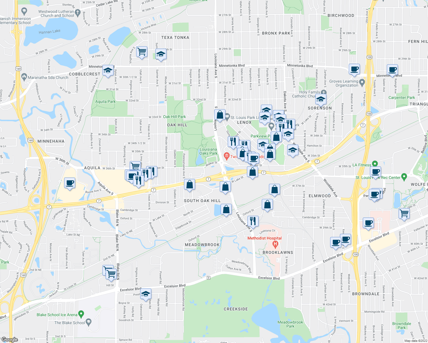 map of restaurants, bars, coffee shops, grocery stores, and more near 7201 Walker Street in Minneapolis
