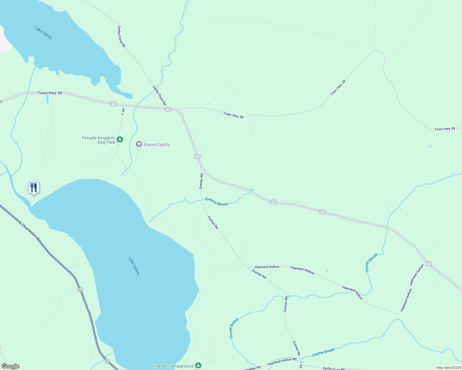 map of restaurants, bars, coffee shops, grocery stores, and more near 2147 Vermont 111 in Derby