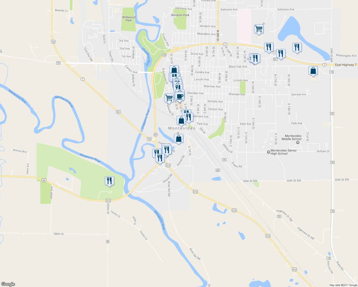 map of restaurants, bars, coffee shops, grocery stores, and more near 551 Southwest 1st Street in Montevideo