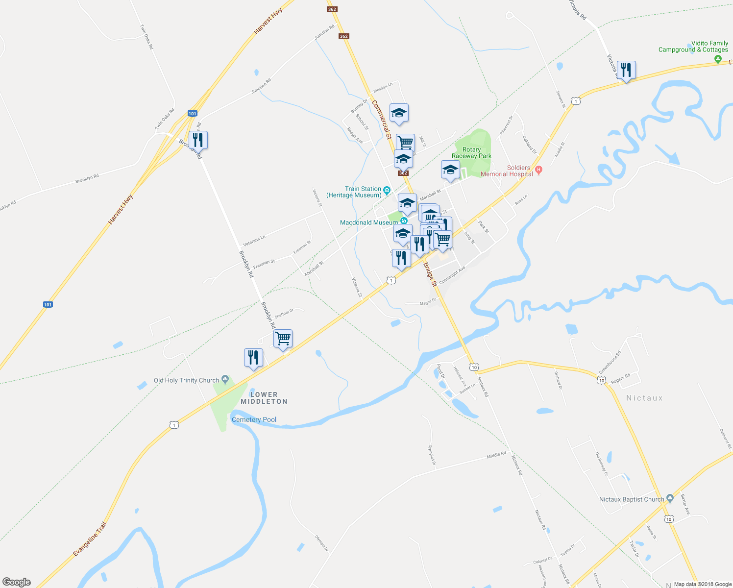 map of restaurants, bars, coffee shops, grocery stores, and more near 199 Evangeline Trail in Middleton