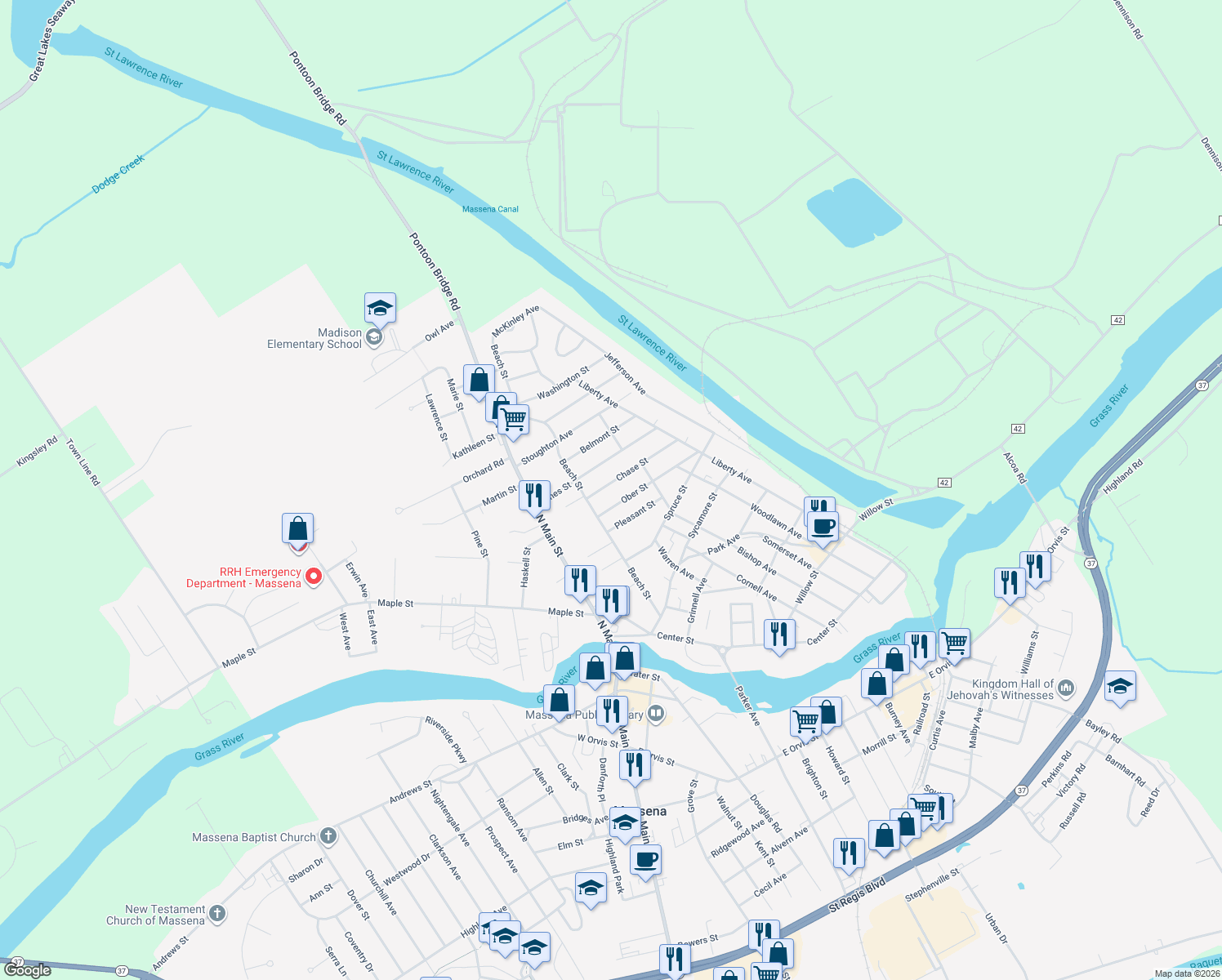 map of restaurants, bars, coffee shops, grocery stores, and more near 10 Chase St in Massena