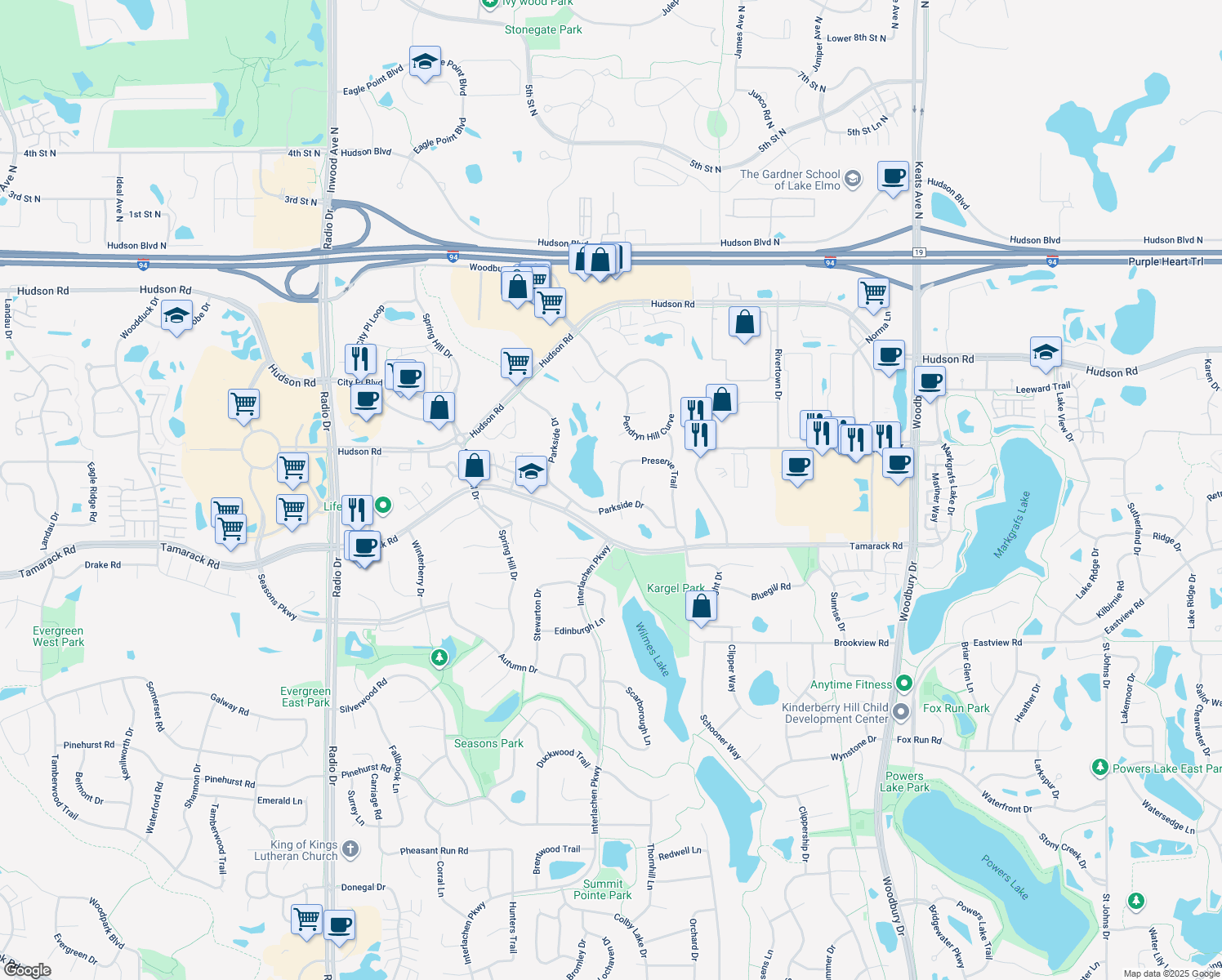 map of restaurants, bars, coffee shops, grocery stores, and more near 9288 Preserve Trail in Woodbury