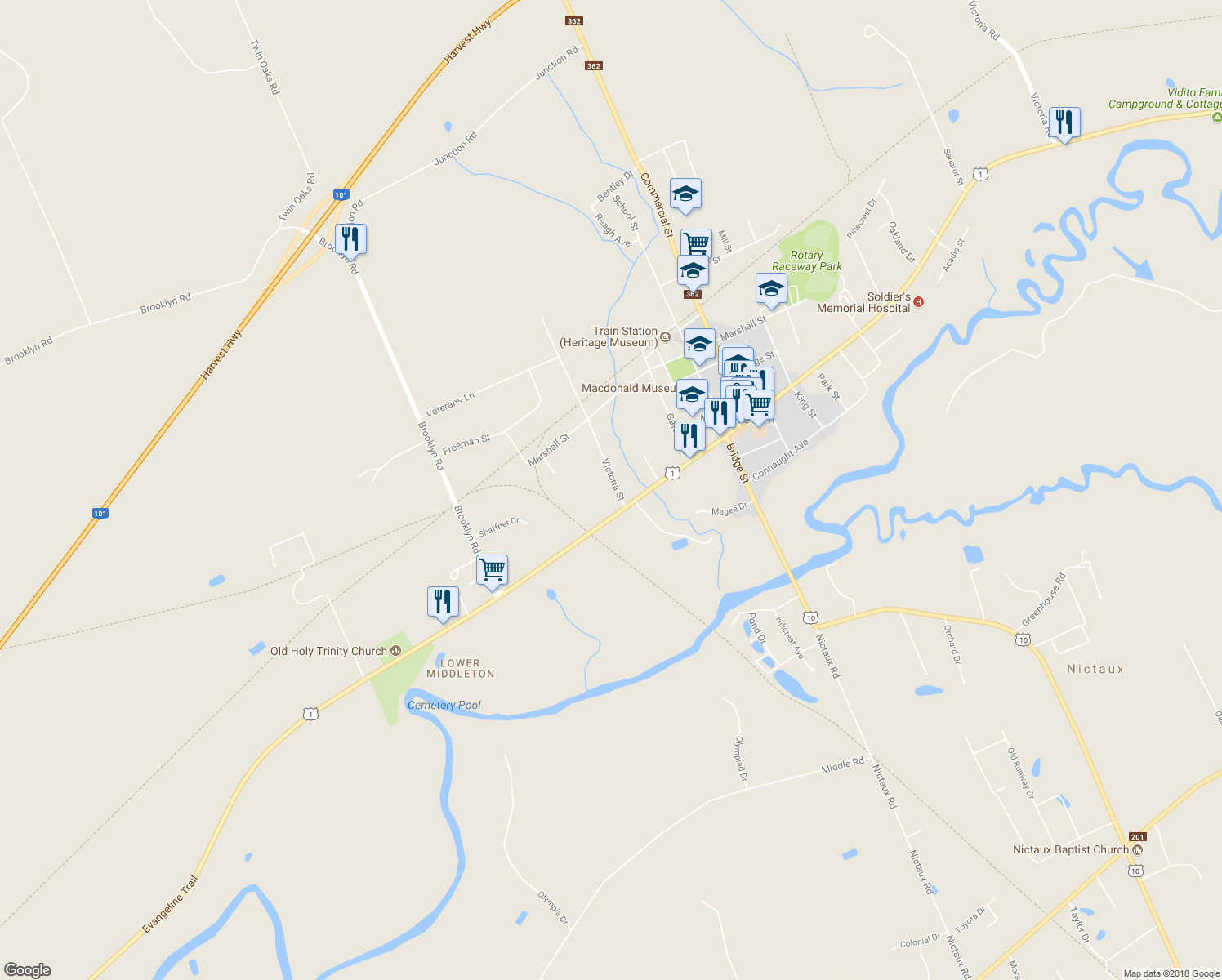 map of restaurants, bars, coffee shops, grocery stores, and more near 7 Victoria Street in Middleton