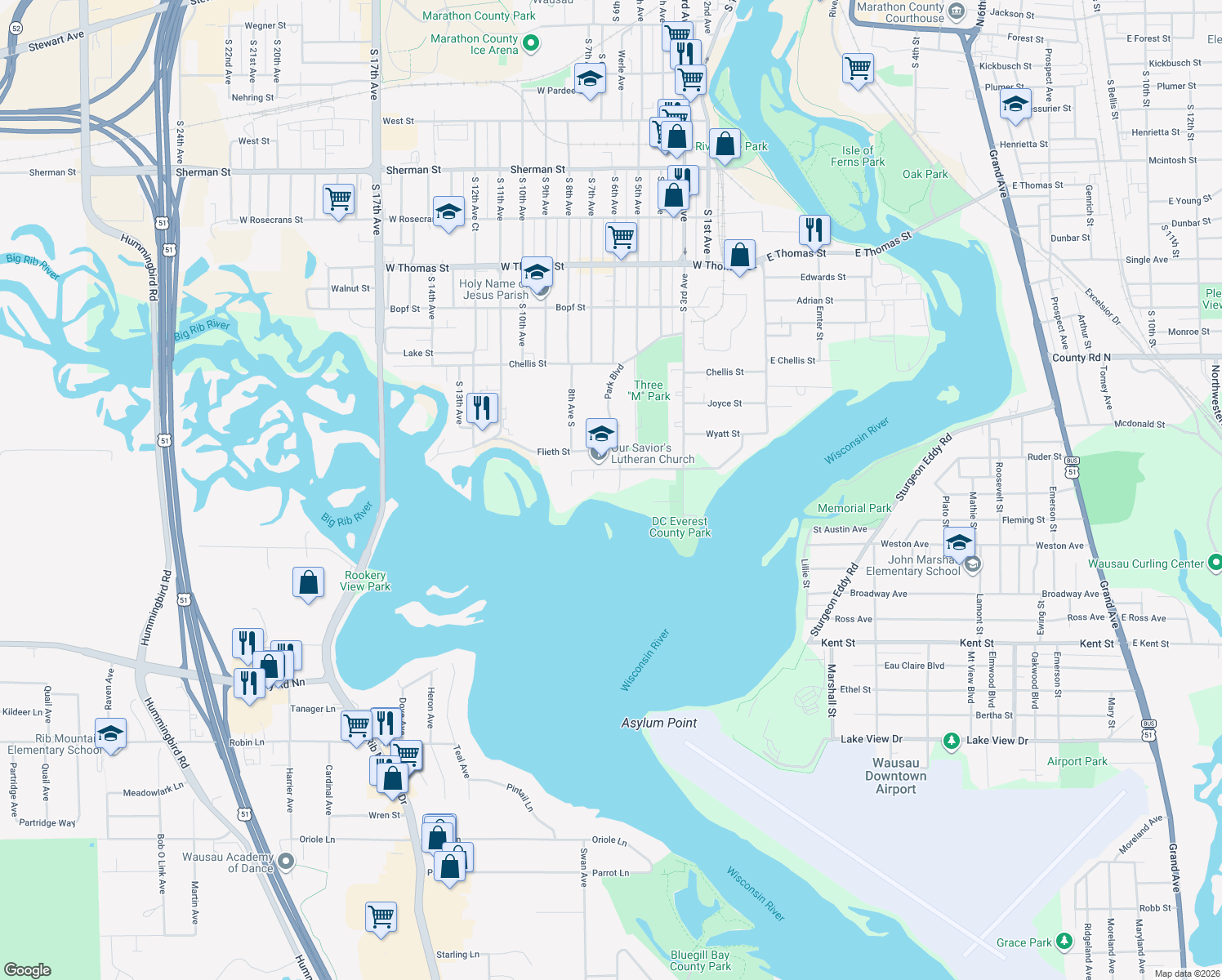 map of restaurants, bars, coffee shops, grocery stores, and more near 320 Park Boulevard in Wausau