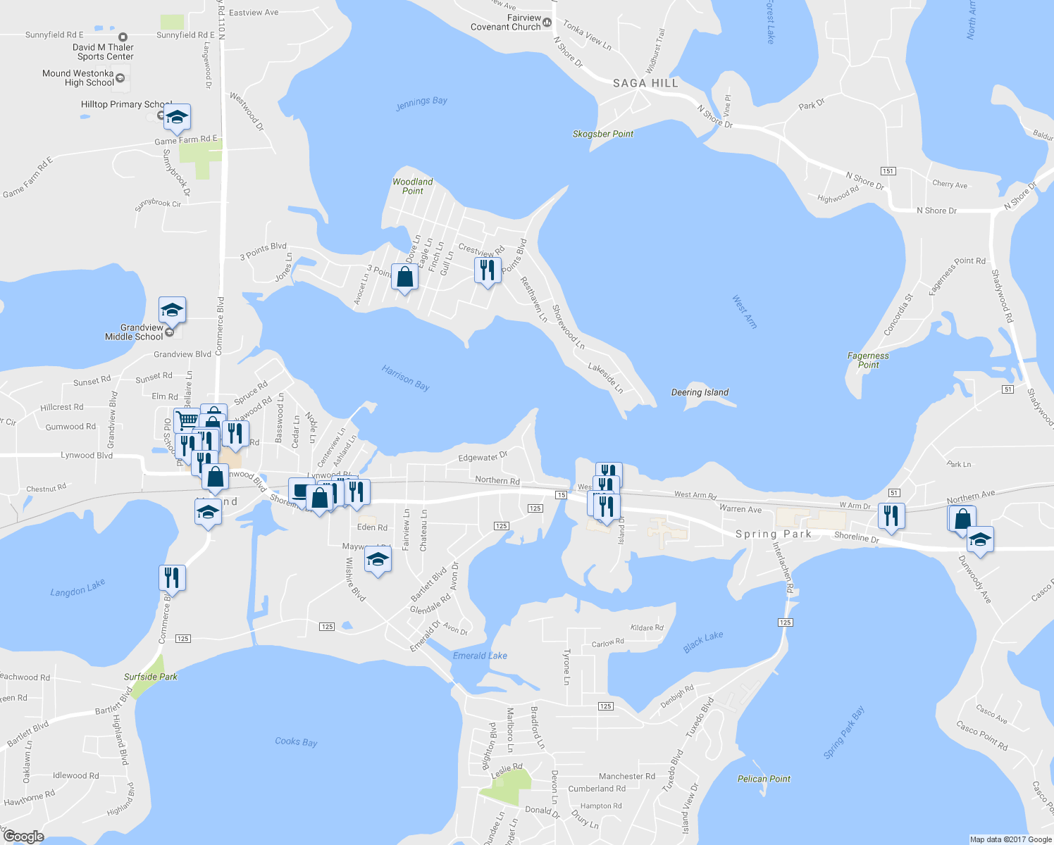map of restaurants, bars, coffee shops, grocery stores, and more near 2009 Arbor Lane in Mound