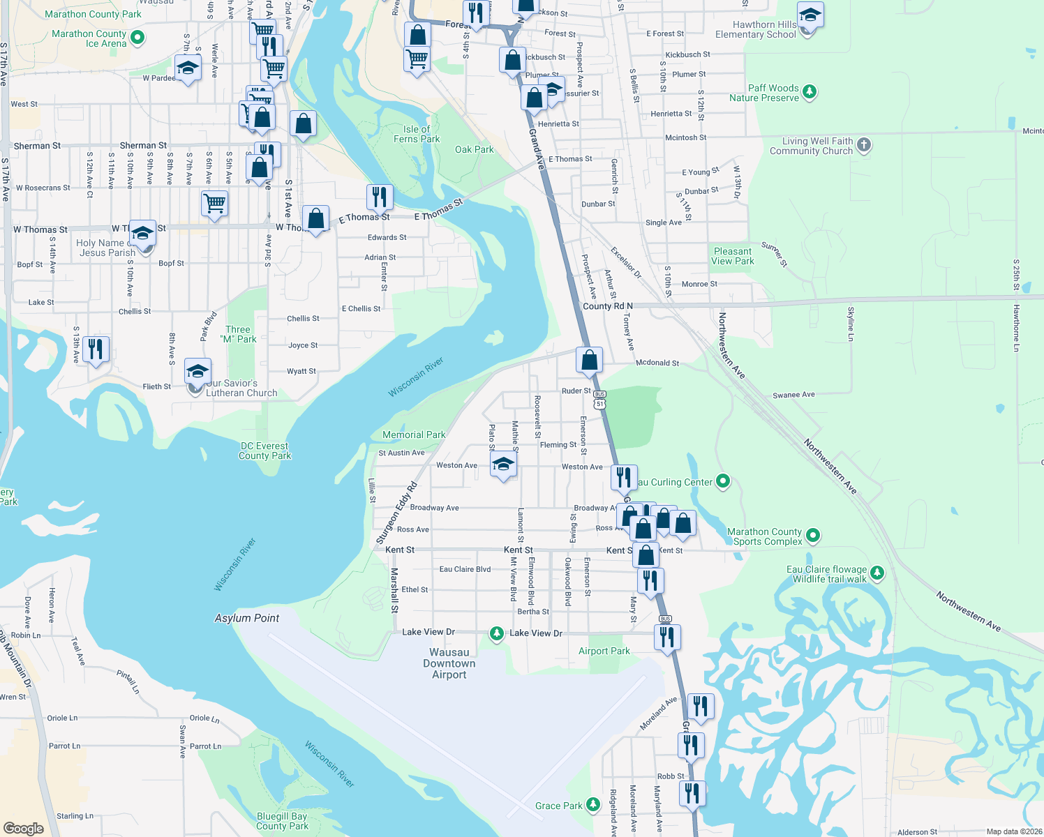 map of restaurants, bars, coffee shops, grocery stores, and more near 418 Bernard Street in Wausau