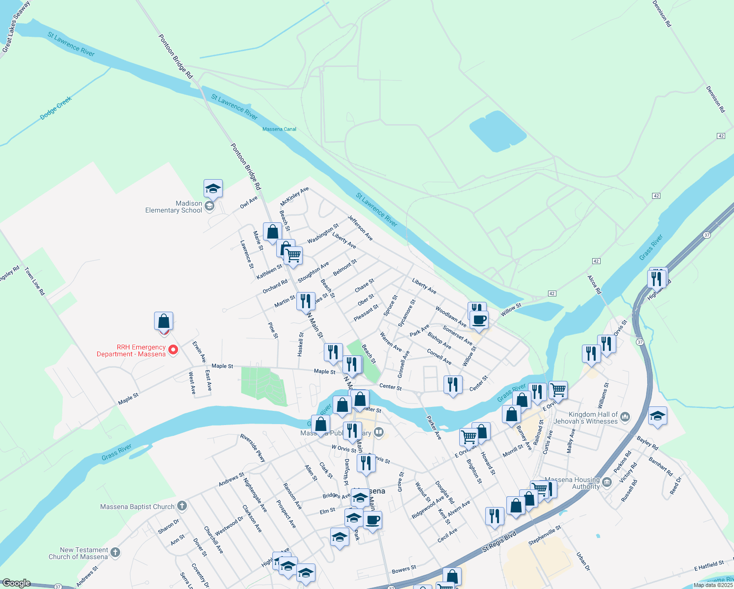 map of restaurants, bars, coffee shops, grocery stores, and more near 25 Ober St in Massena
