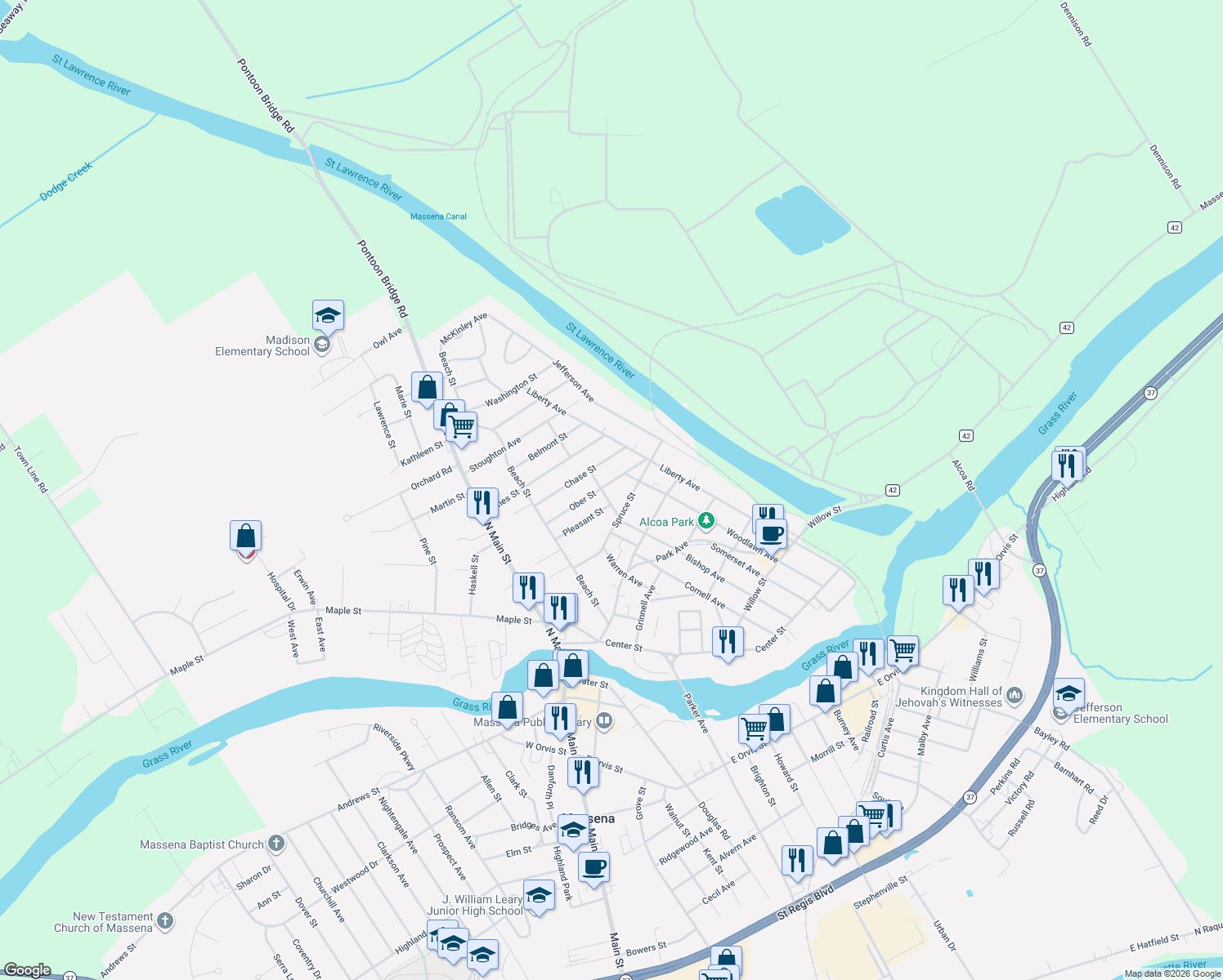 map of restaurants, bars, coffee shops, grocery stores, and more near 68 Ober St in Massena