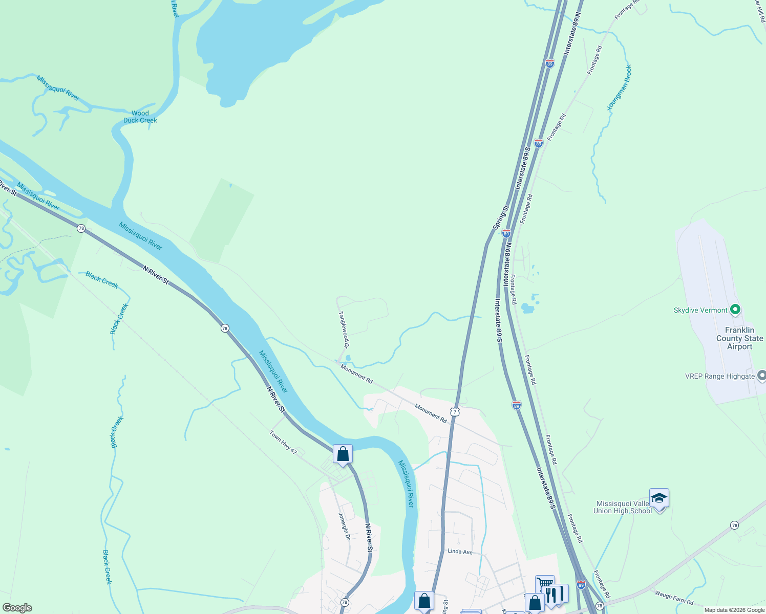 map of restaurants, bars, coffee shops, grocery stores, and more near 335 Jedware Circle in Swanton
