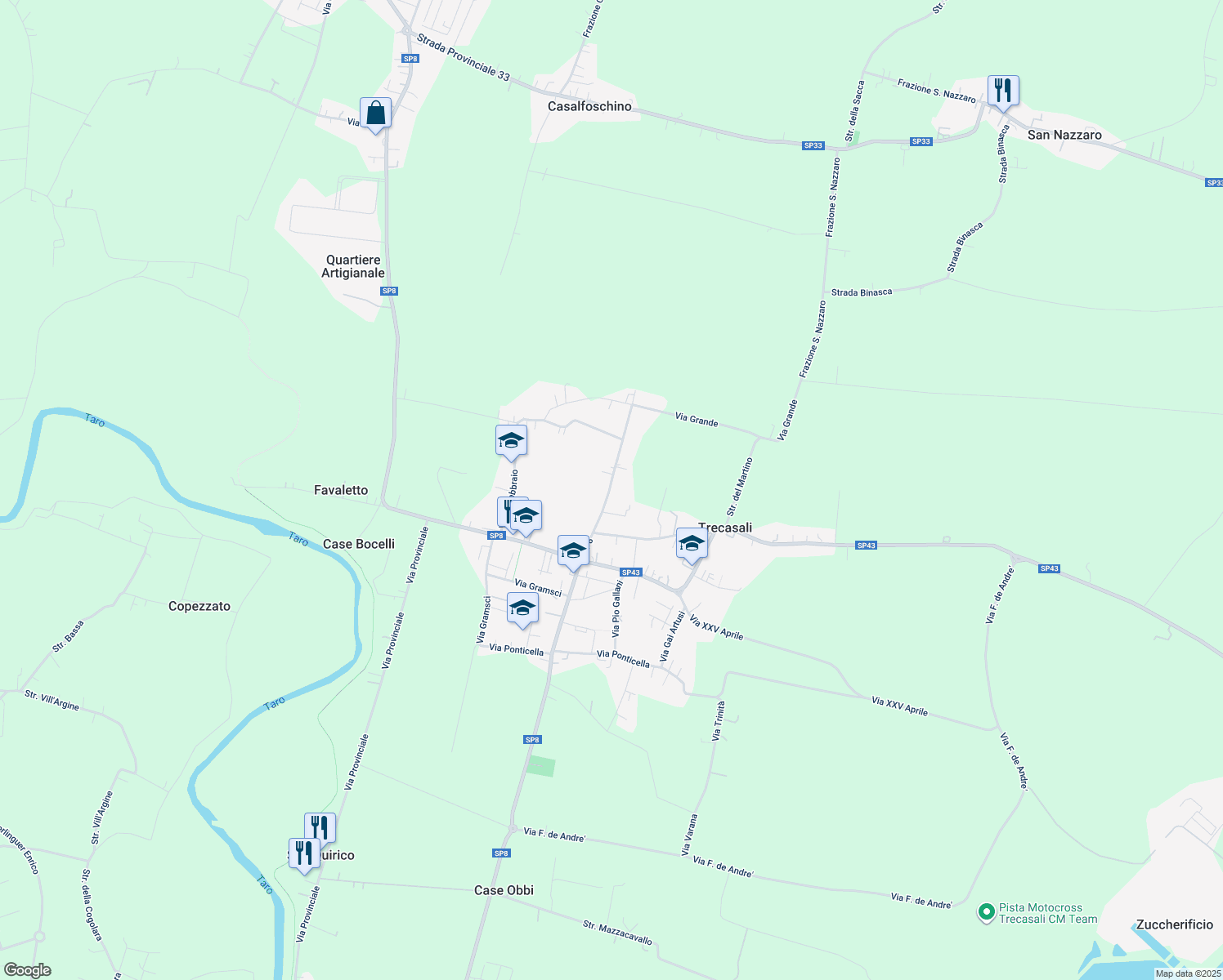 map of restaurants, bars, coffee shops, grocery stores, and more near 16 SP8 in Trecasali