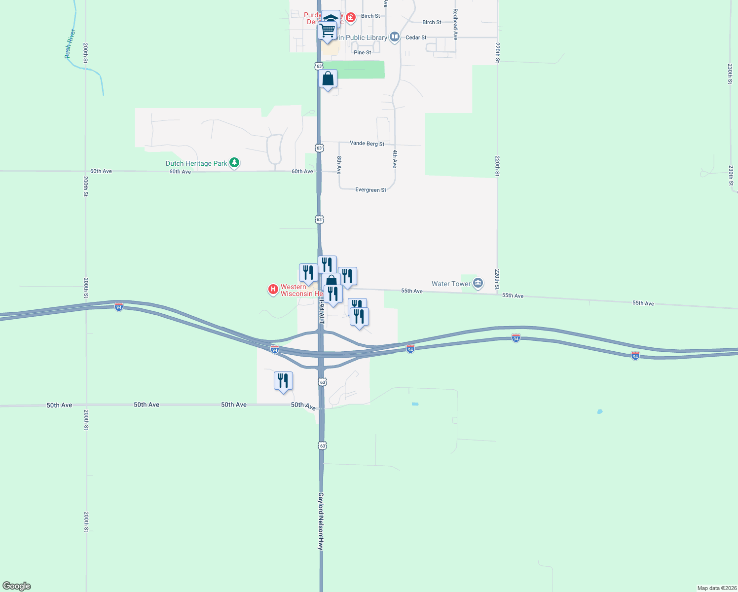map of restaurants, bars, coffee shops, grocery stores, and more near 2111 55th Avenue in Baldwin
