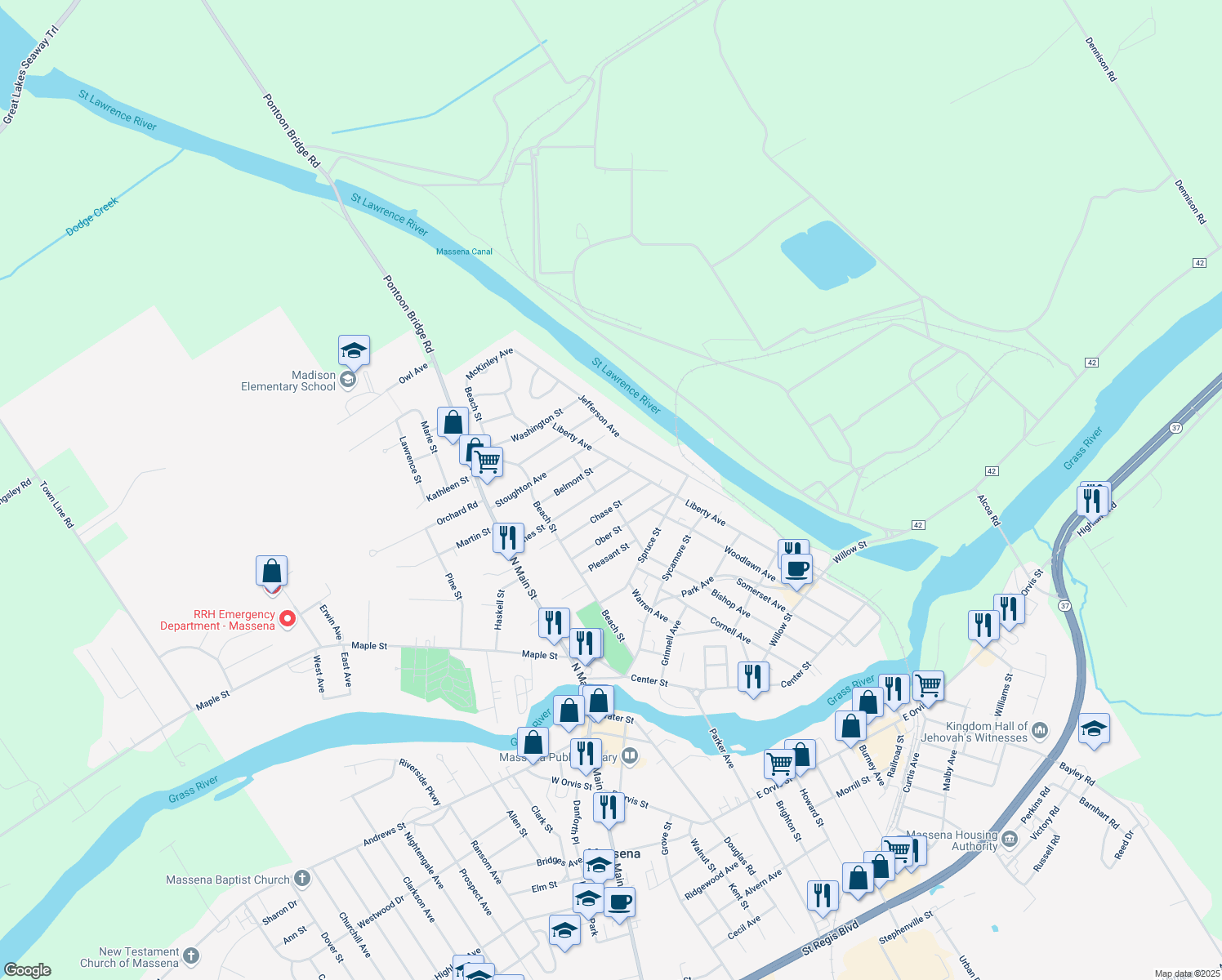 map of restaurants, bars, coffee shops, grocery stores, and more near 62 Ames St in Massena