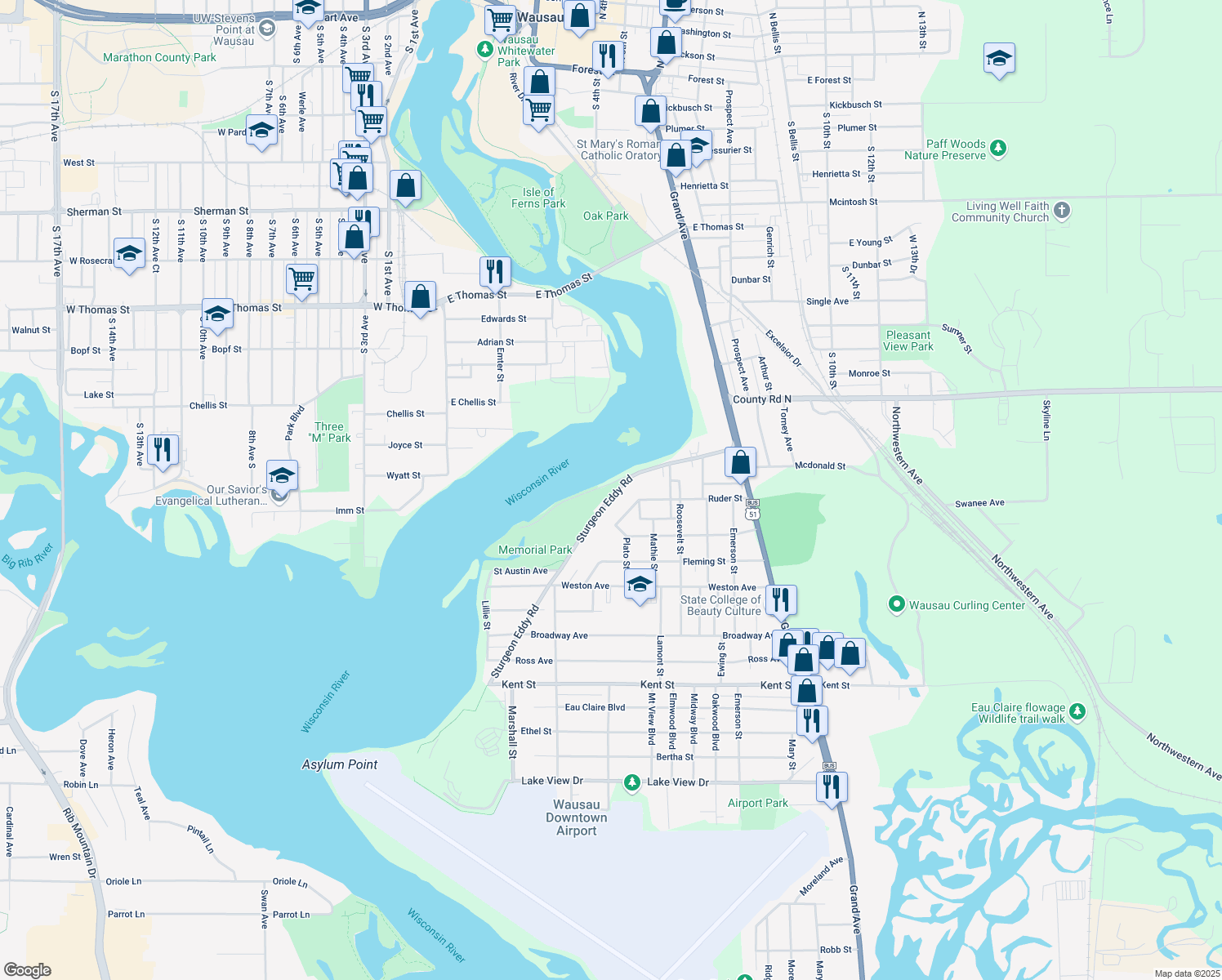 map of restaurants, bars, coffee shops, grocery stores, and more near 422 Sturgeon Eddy Rd in Wausau
