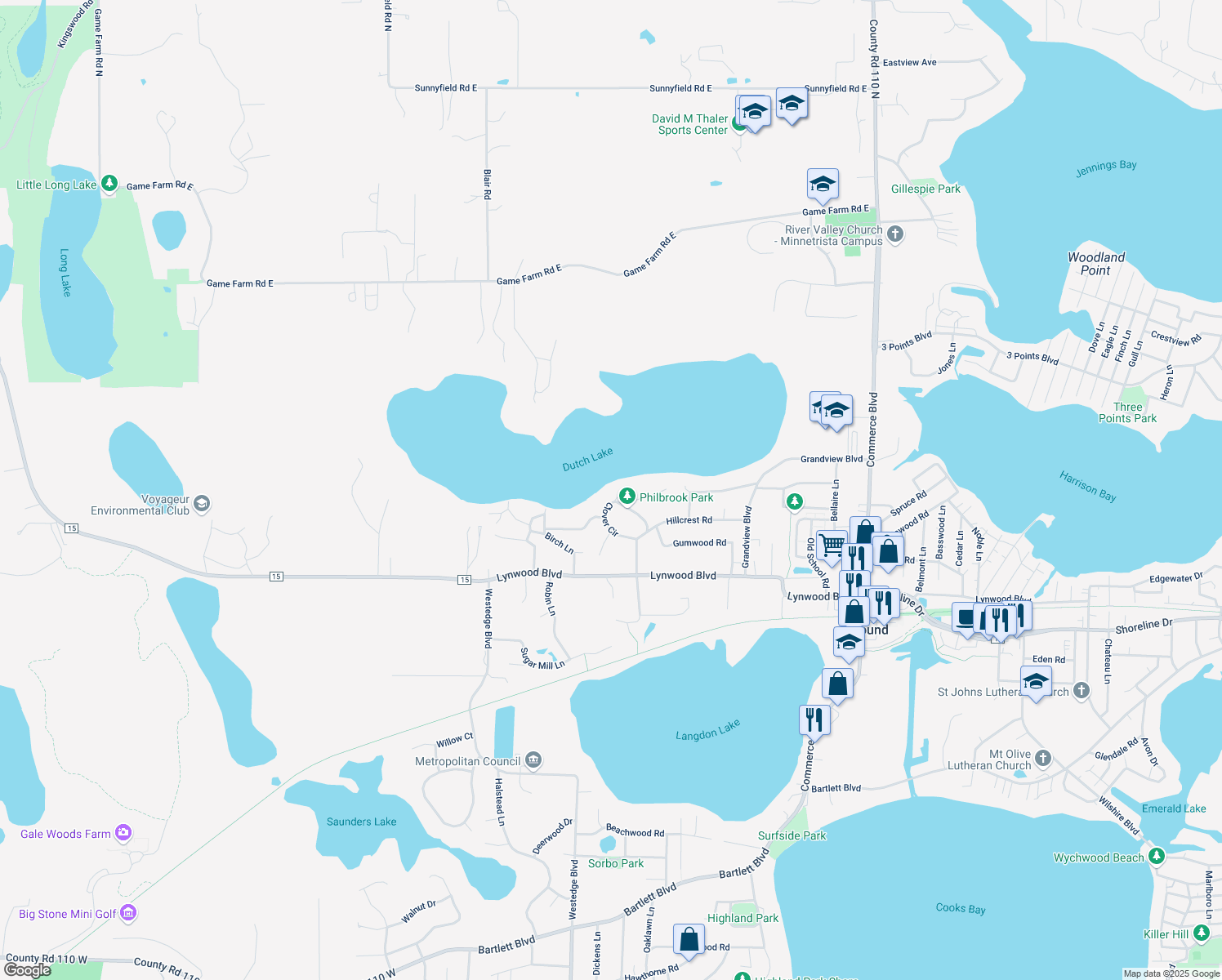 map of restaurants, bars, coffee shops, grocery stores, and more near 6118 Clover Circle in Mound