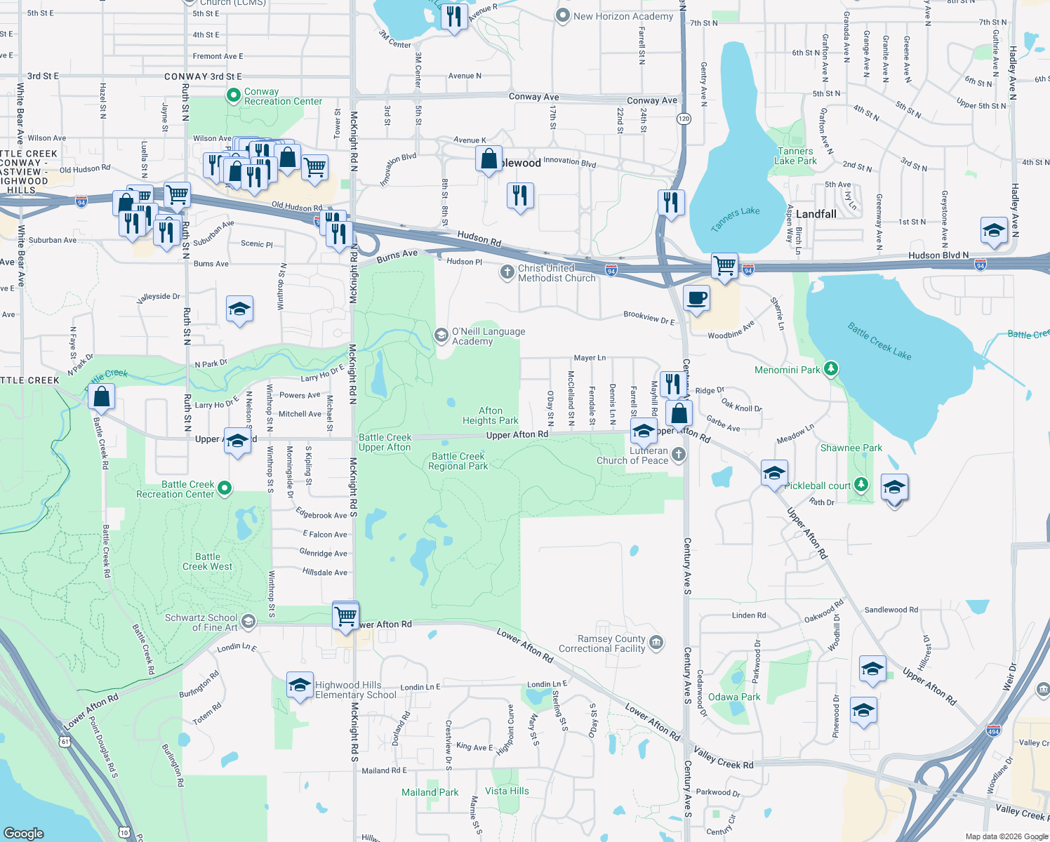 map of restaurants, bars, coffee shops, grocery stores, and more near 21 Sterling Street North in Maplewood