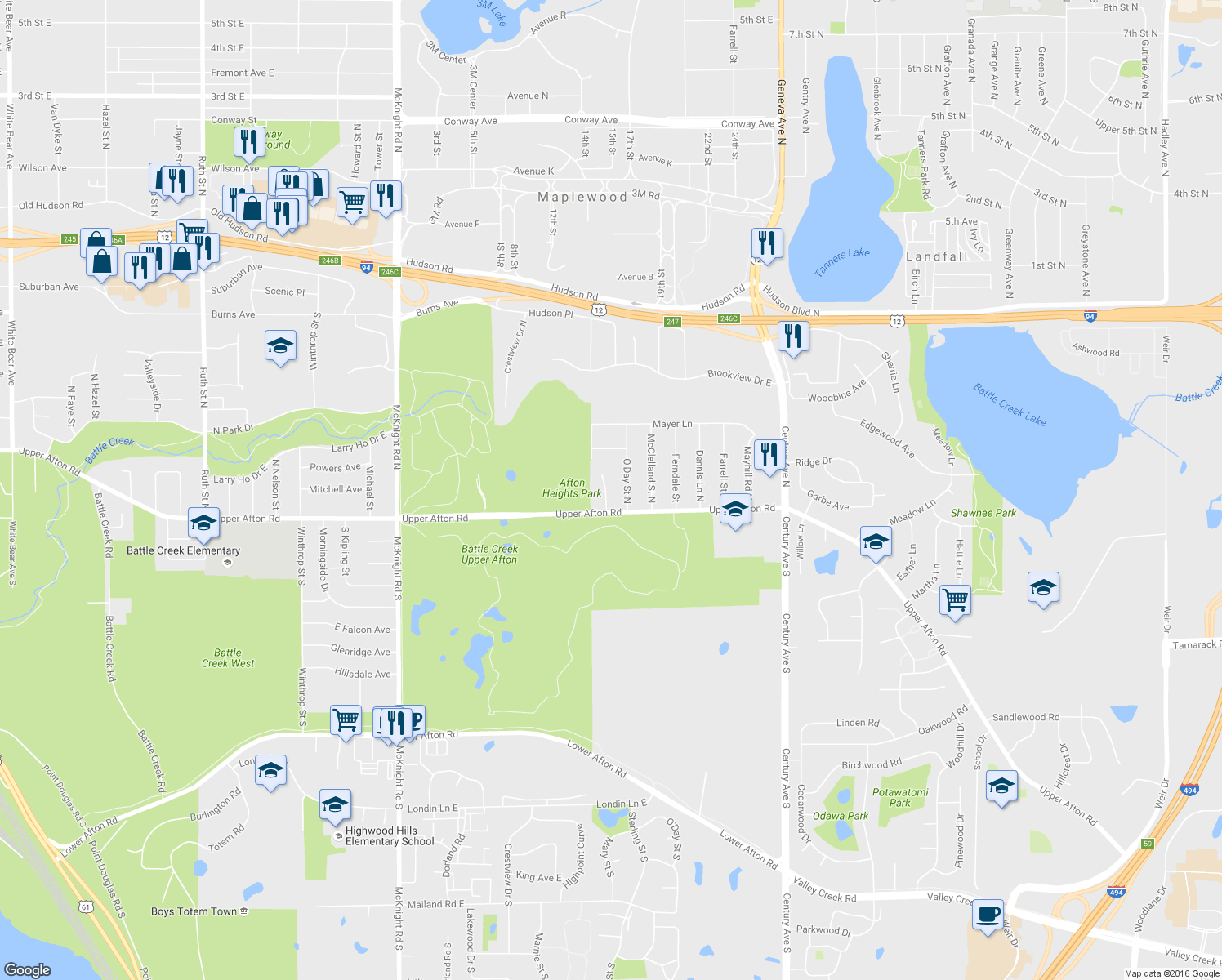 map of restaurants, bars, coffee shops, grocery stores, and more near 1-21 Sterling St N in Maplewood