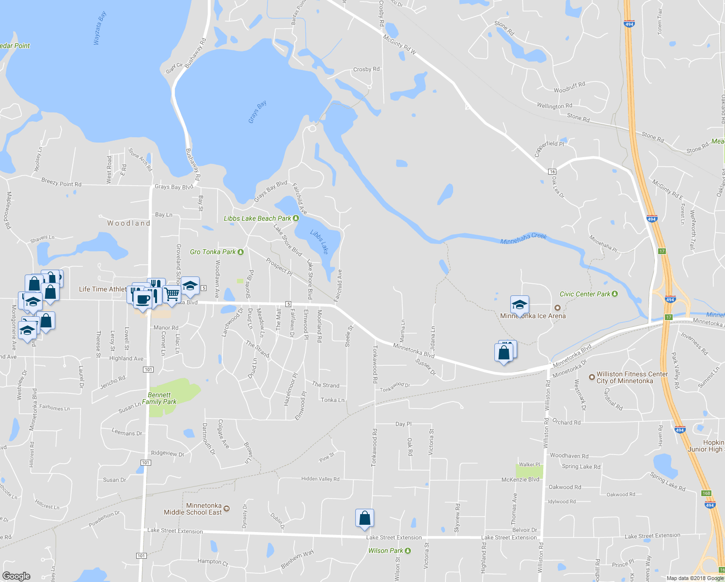 map of restaurants, bars, coffee shops, grocery stores, and more near 3315 Fairchild Avenue in Minnetonka