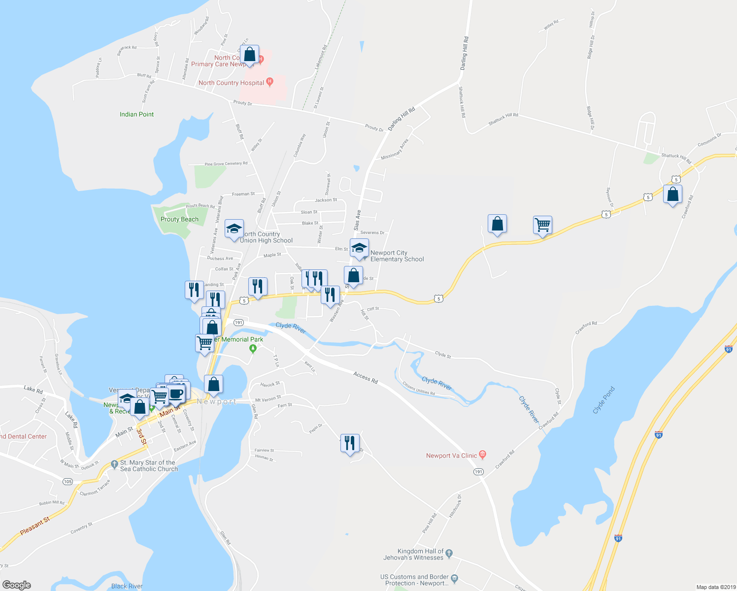 map of restaurants, bars, coffee shops, grocery stores, and more near 594 East Main Street in Newport