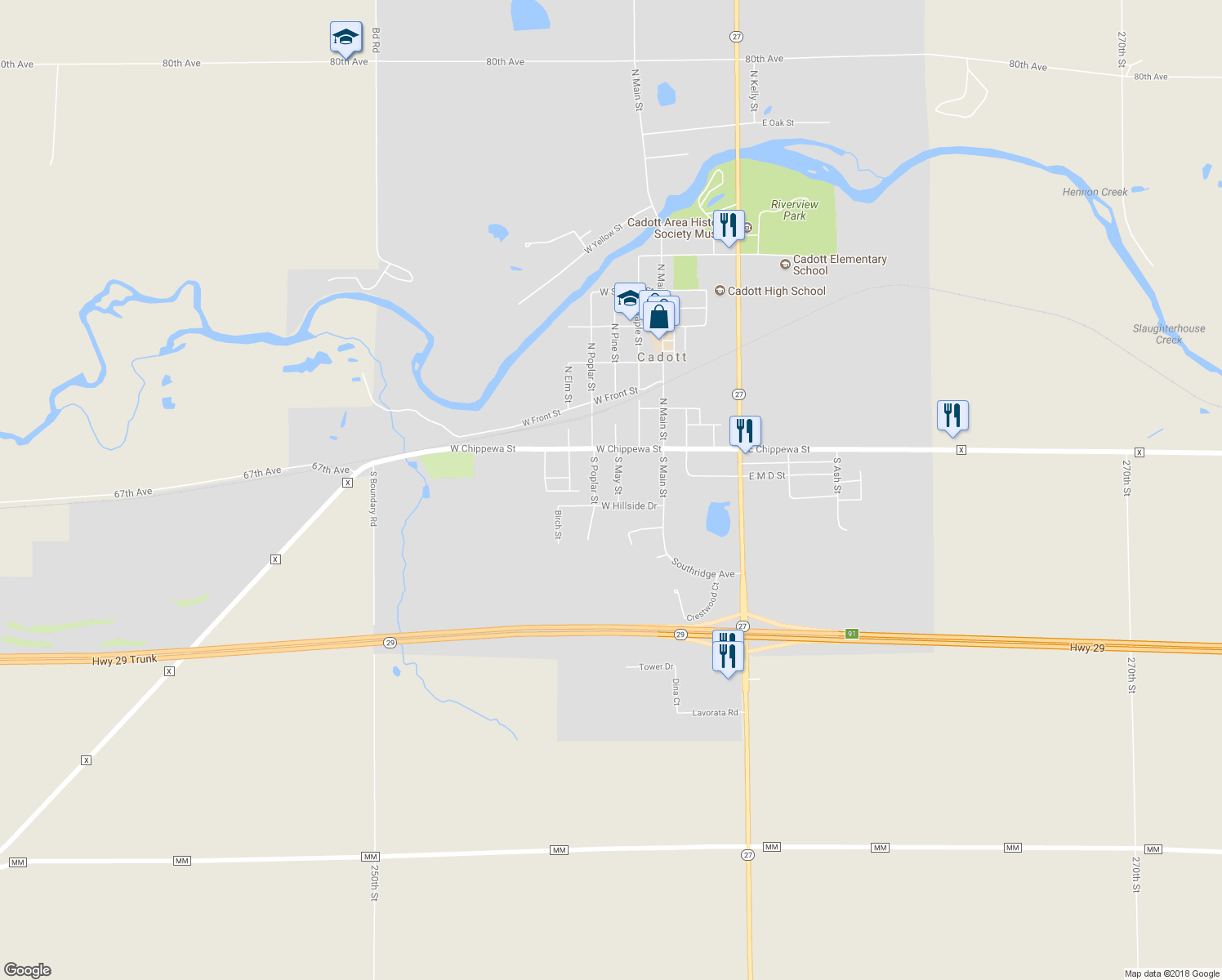 map of restaurants, bars, coffee shops, grocery stores, and more near 221 S May St in Cadott