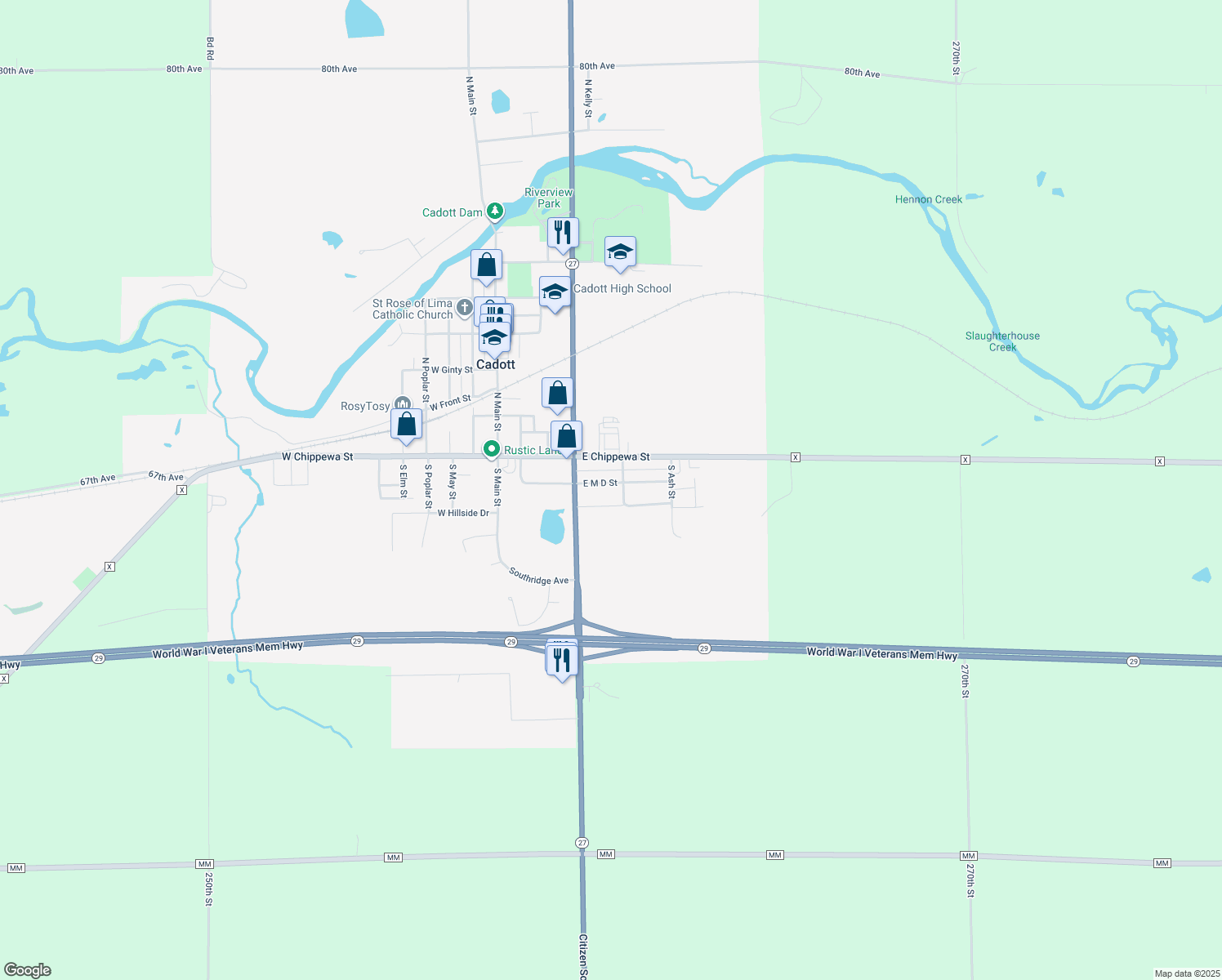map of restaurants, bars, coffee shops, grocery stores, and more near 449 East M D Street in Cadott