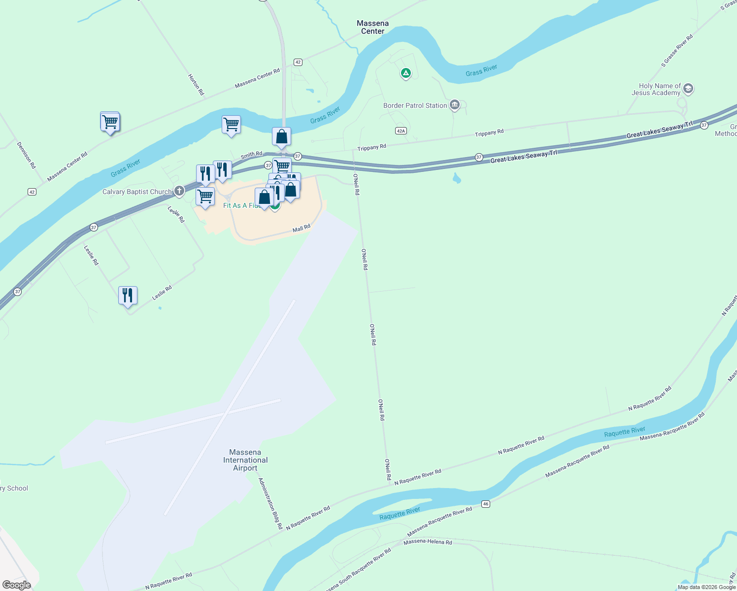 map of restaurants, bars, coffee shops, grocery stores, and more near 85 O'Neil Rd in Massena