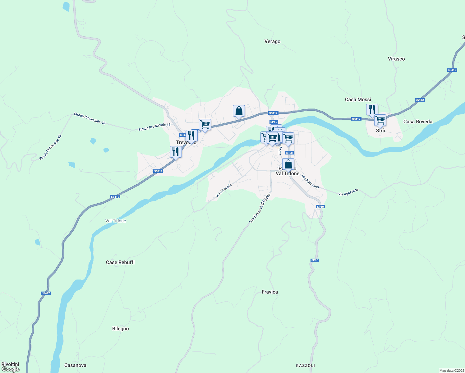 map of restaurants, bars, coffee shops, grocery stores, and more near 21 Via E. Carella in Provincia di Piacenza