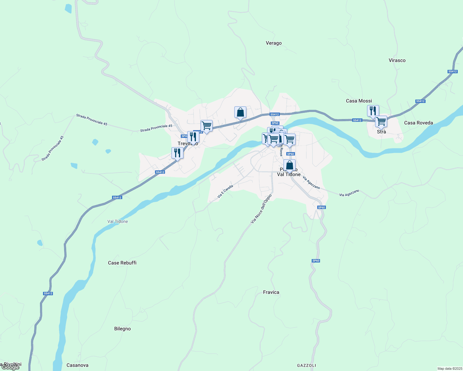 map of restaurants, bars, coffee shops, grocery stores, and more near 21 Via E. Carella in Provincia di Piacenza