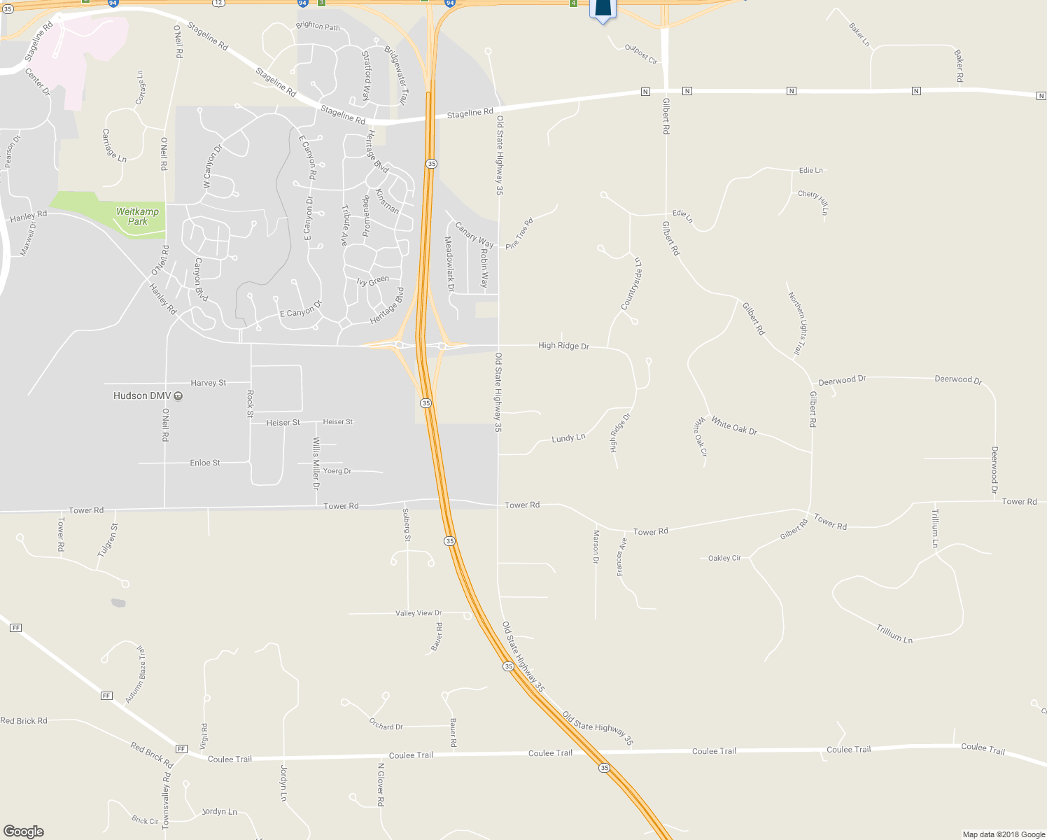 map of restaurants, bars, coffee shops, grocery stores, and more near 571 Old Highway 35 in Hudson