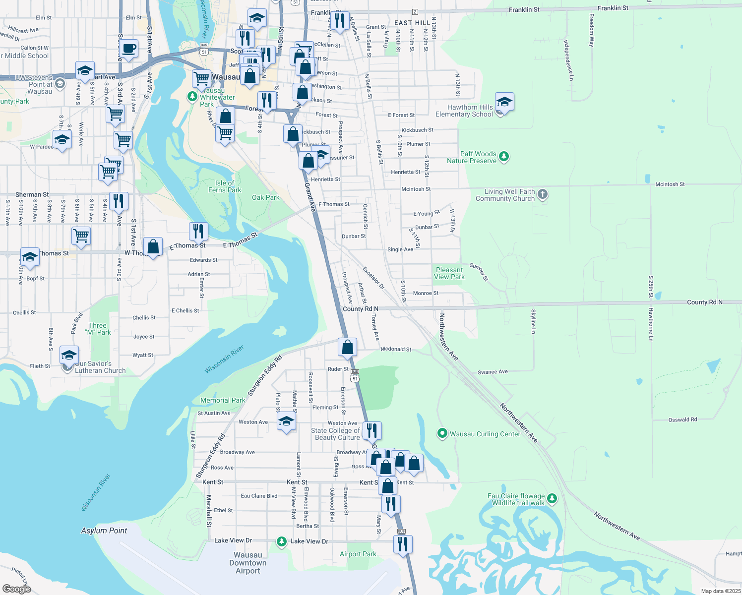 map of restaurants, bars, coffee shops, grocery stores, and more near 1221 Arthur Street in Wausau