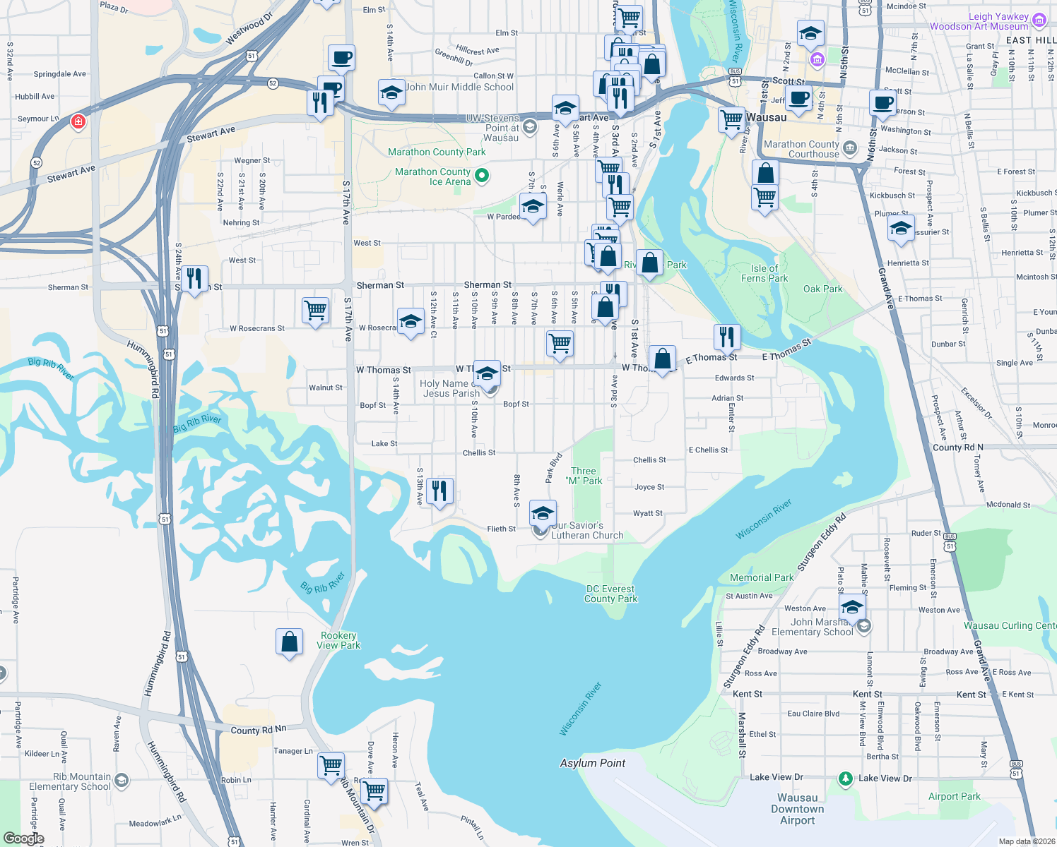 map of restaurants, bars, coffee shops, grocery stores, and more near 1216 S 7th Ave in Wausau