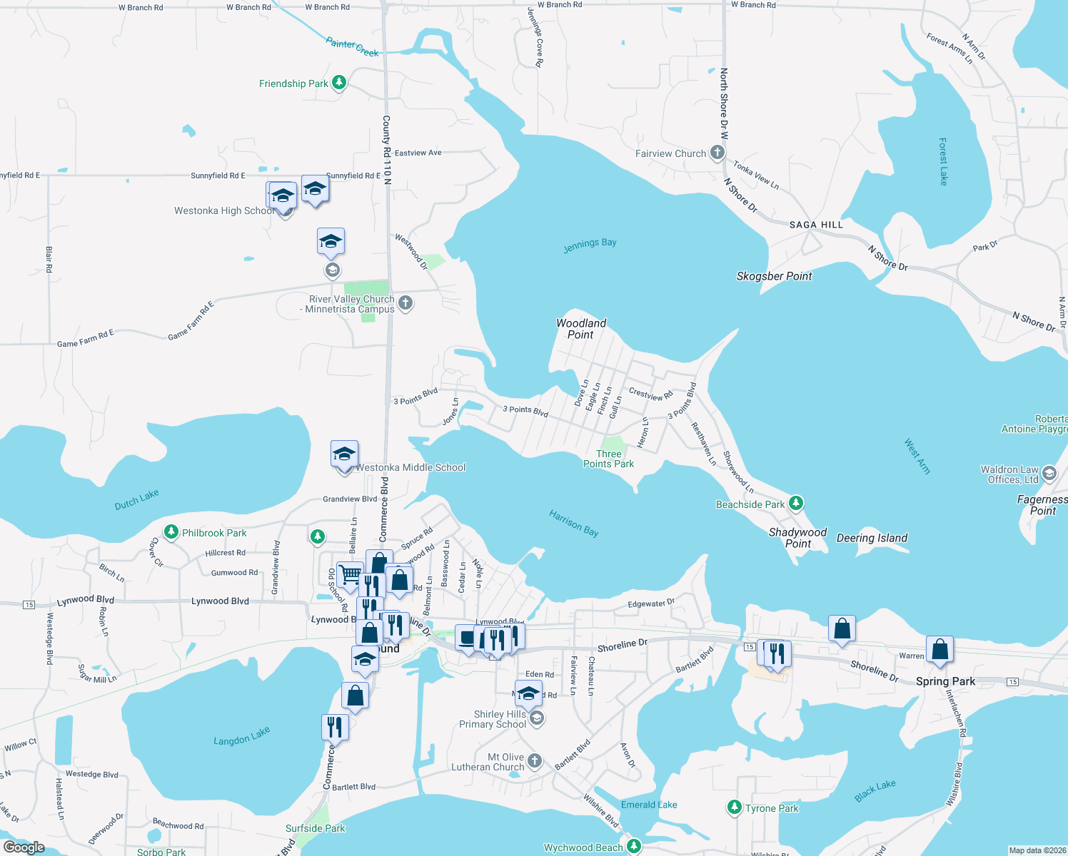 map of restaurants, bars, coffee shops, grocery stores, and more near 1720 Avocet Lane in Mound