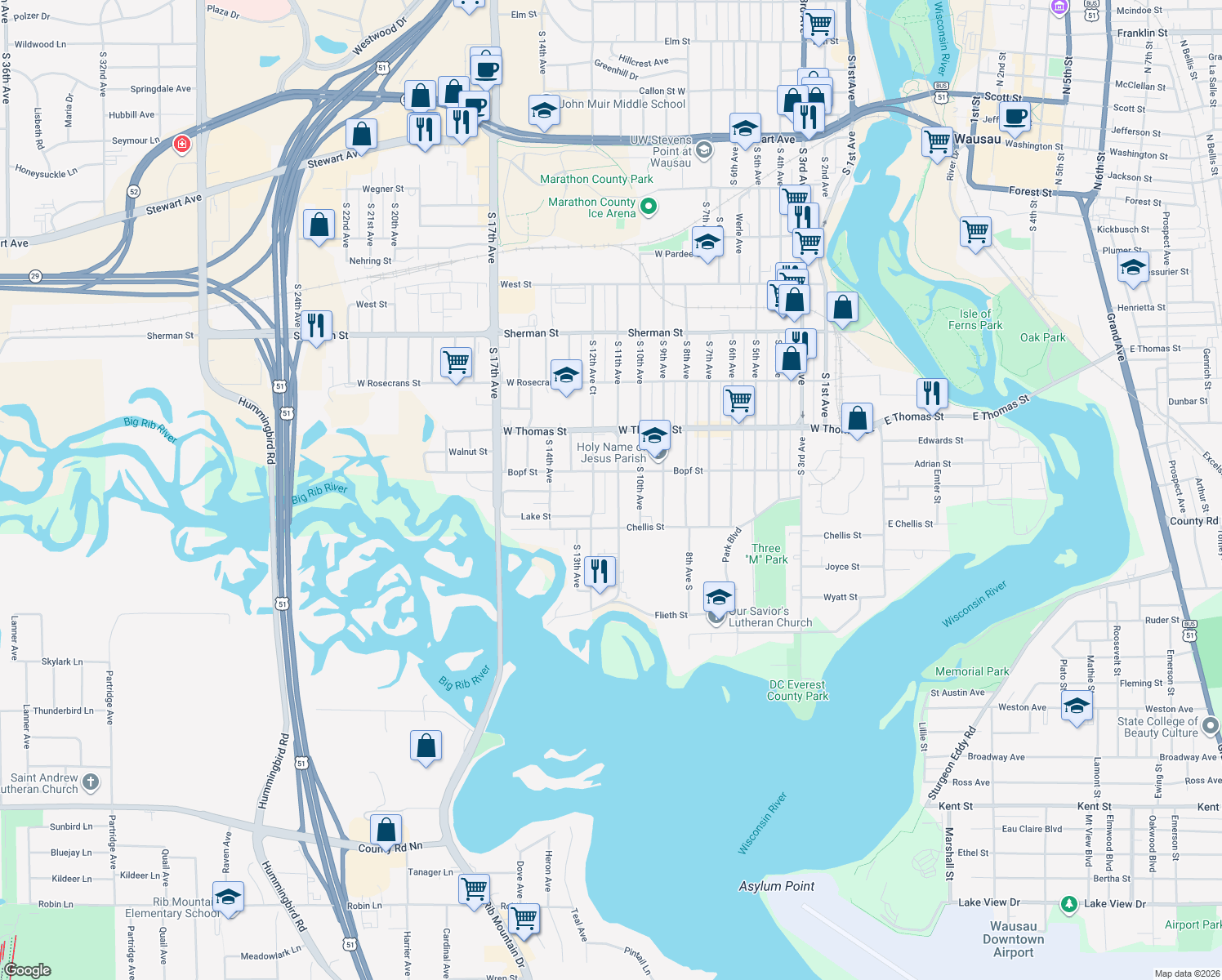 map of restaurants, bars, coffee shops, grocery stores, and more near 1216 South 11th Avenue in Wausau