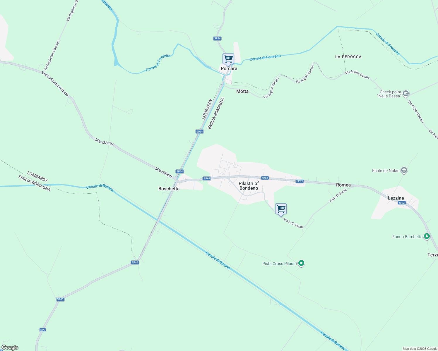 map of restaurants, bars, coffee shops, grocery stores, and more near Via Virgigliana in Pilastri