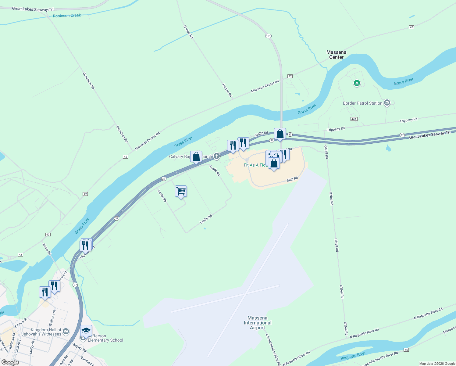 map of restaurants, bars, coffee shops, grocery stores, and more near 287 Leslie Rd in Massena