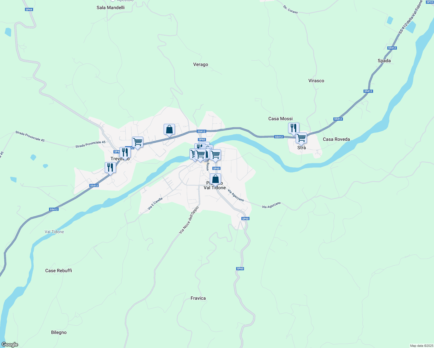 map of restaurants, bars, coffee shops, grocery stores, and more near 17 Via Leonardo da Vinci in Pianello Val Tidone