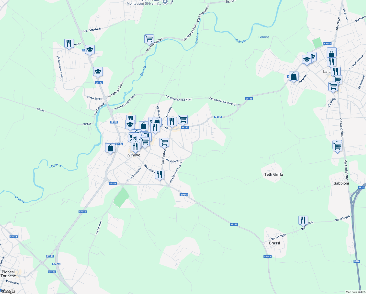 map of restaurants, bars, coffee shops, grocery stores, and more near 16 Via Martiri della Libertà in Vinovo