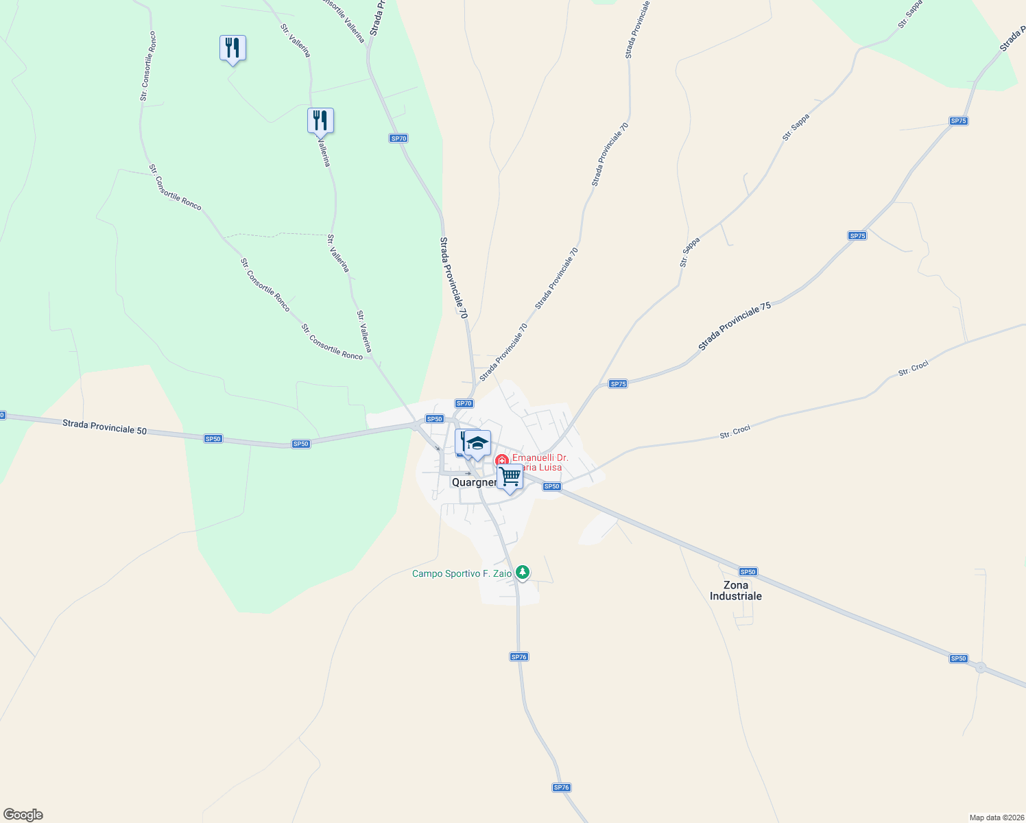 map of restaurants, bars, coffee shops, grocery stores, and more near 2 Via Kennedy in Quargnento