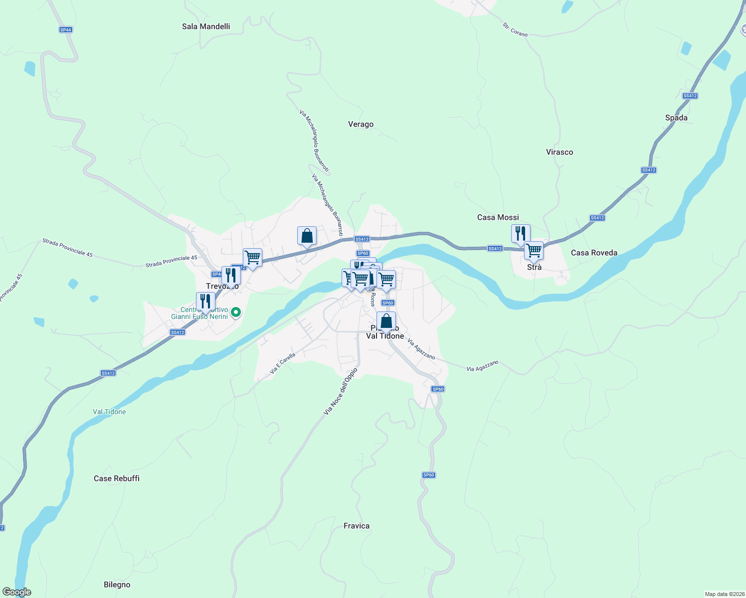 map of restaurants, bars, coffee shops, grocery stores, and more near 17 Via Leonardo da Vinci in Pianello Val Tidone