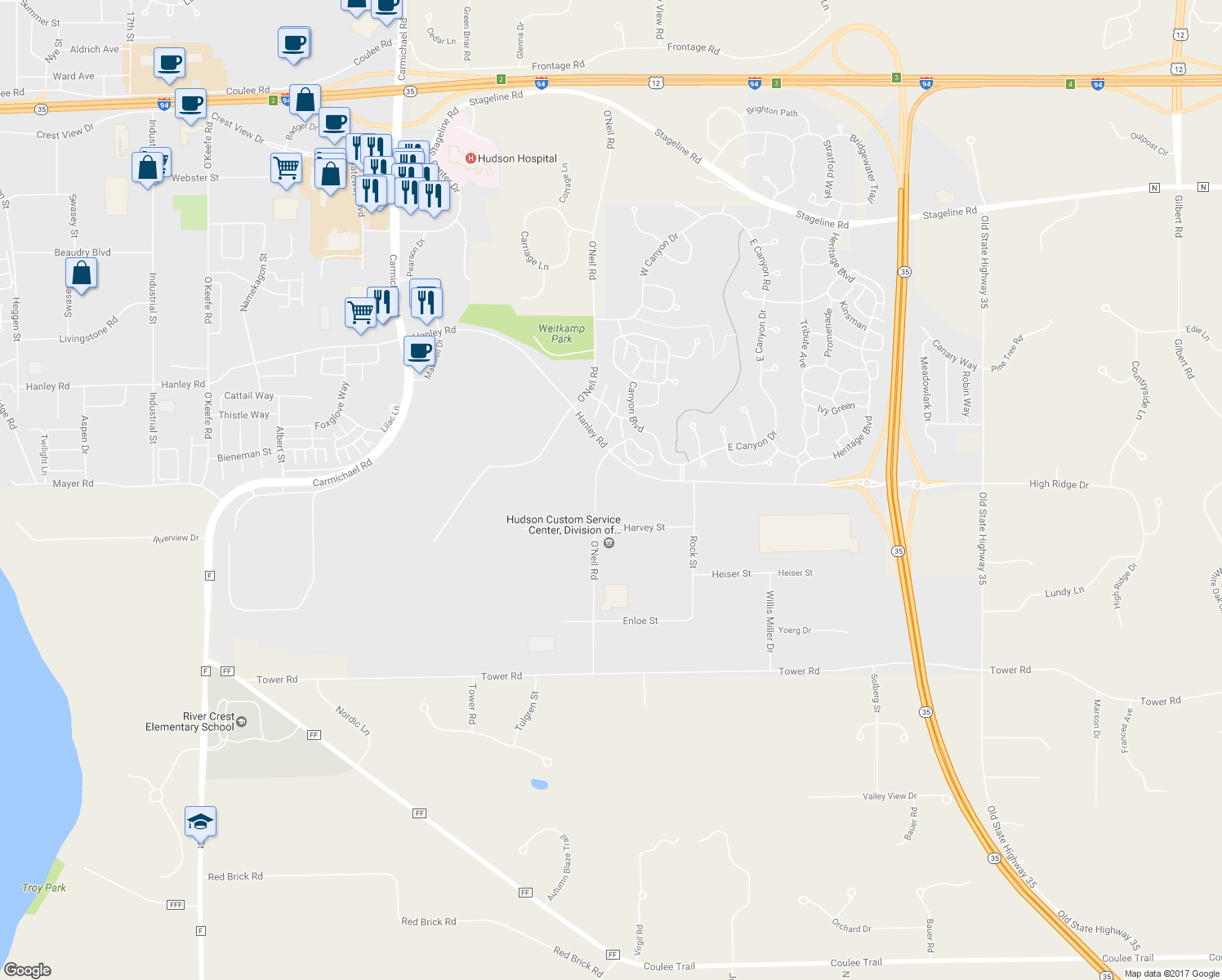 map of restaurants, bars, coffee shops, grocery stores, and more near 2000 O'Neil Road in Hudson