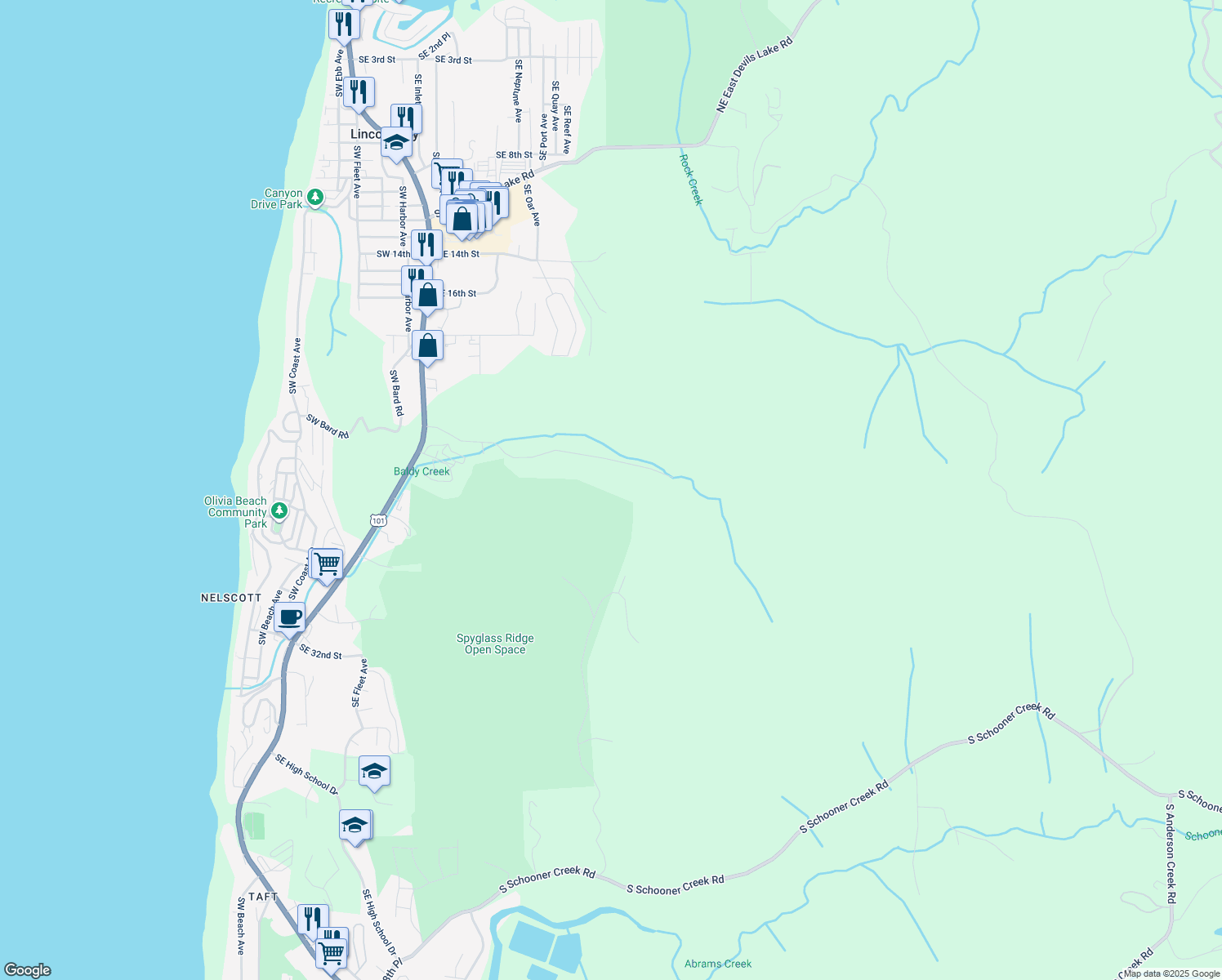 map of restaurants, bars, coffee shops, grocery stores, and more near 2560 SE 23rd Dr in Lincoln City