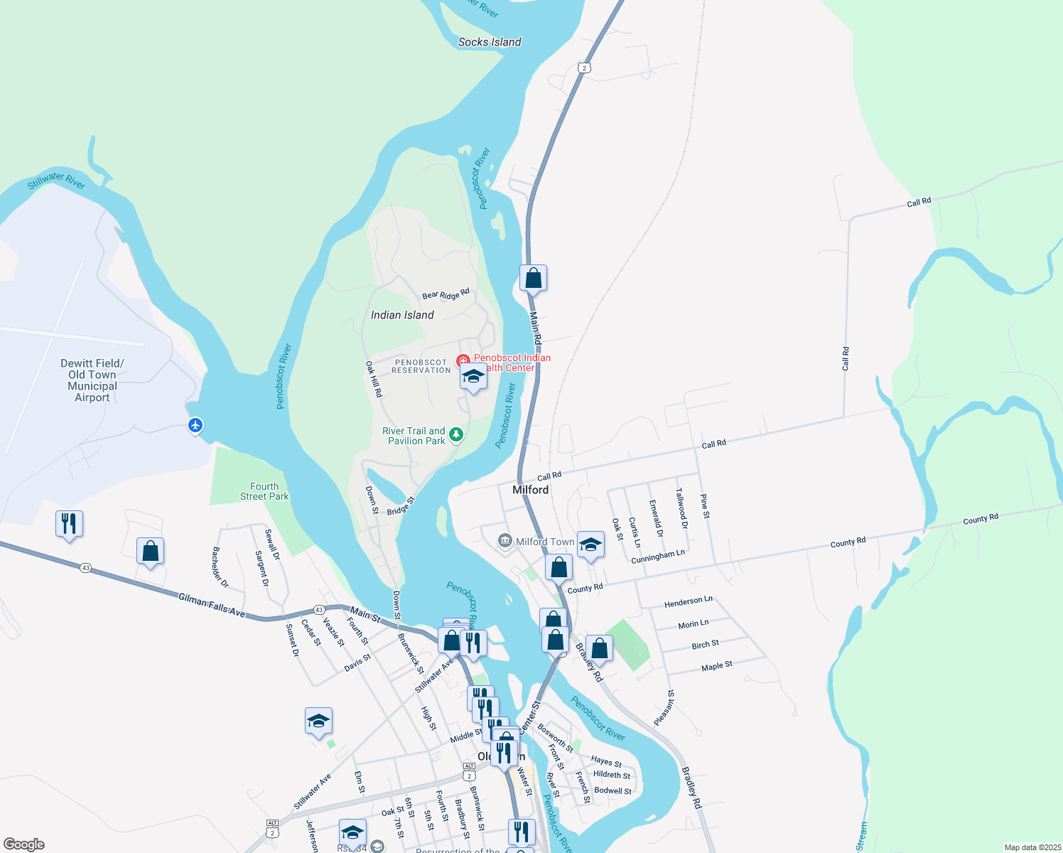 map of restaurants, bars, coffee shops, grocery stores, and more near 111 Main Road in Milford