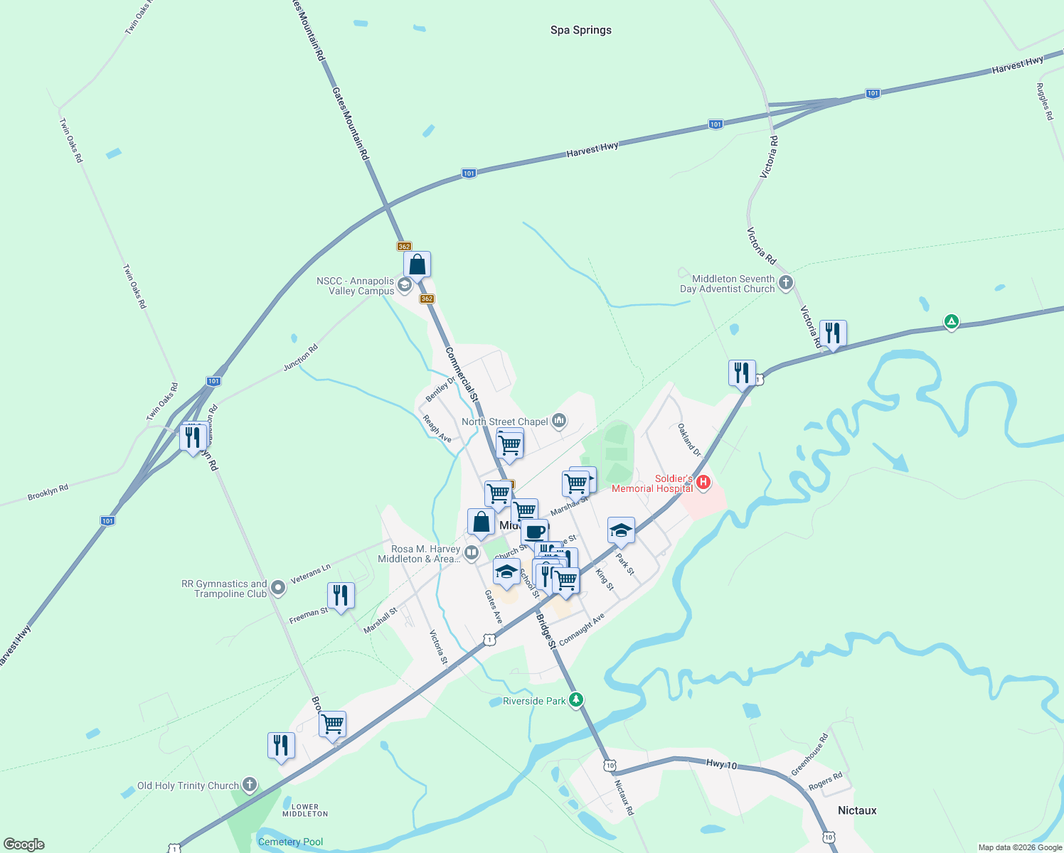 map of restaurants, bars, coffee shops, grocery stores, and more near 45 Mill Street in Middleton