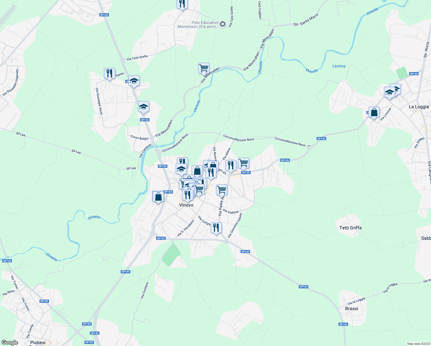map of restaurants, bars, coffee shops, grocery stores, and more near 2 Via Nuova in Vinovo