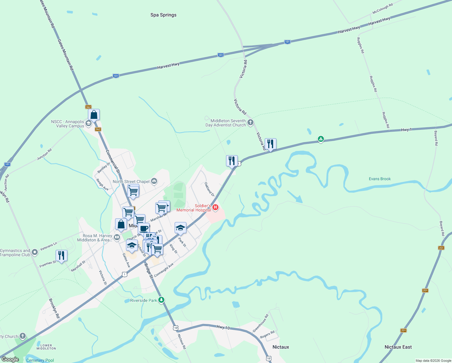 map of restaurants, bars, coffee shops, grocery stores, and more near 499 Main Street in Middleton